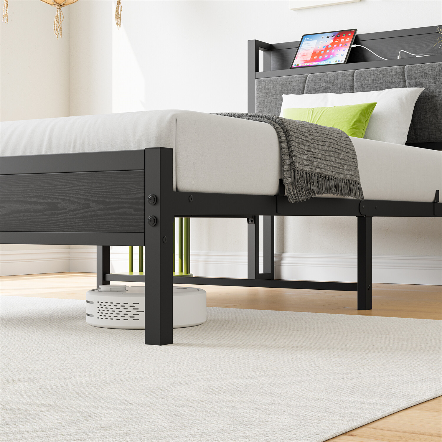 Twin/Full Size Bed Frame Metal Platform Bed Frame with Storage Headboard Black