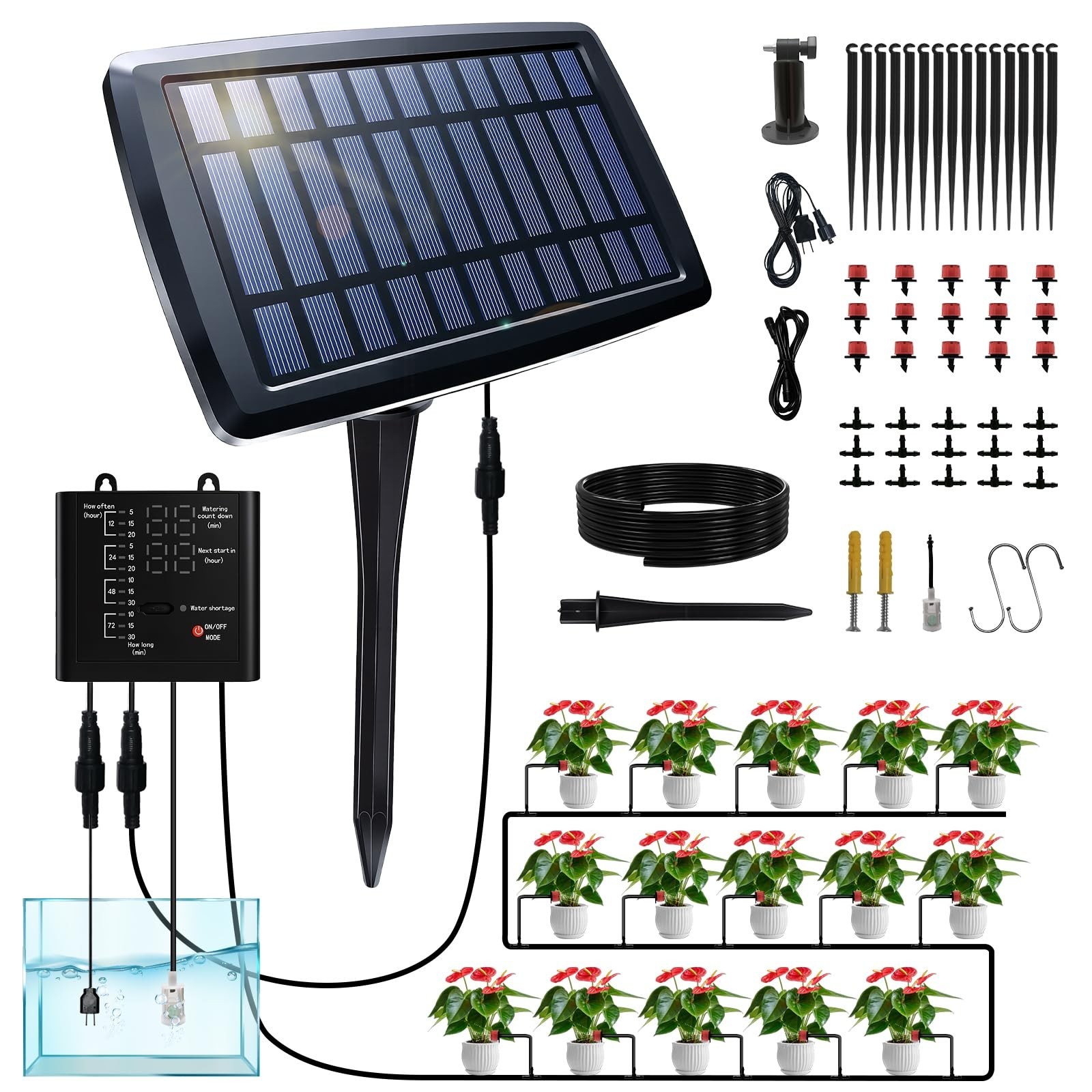 Solar Drip Irrigation System - Auto Watering Kit for 15 Pots, 49FT Hose, Timer &