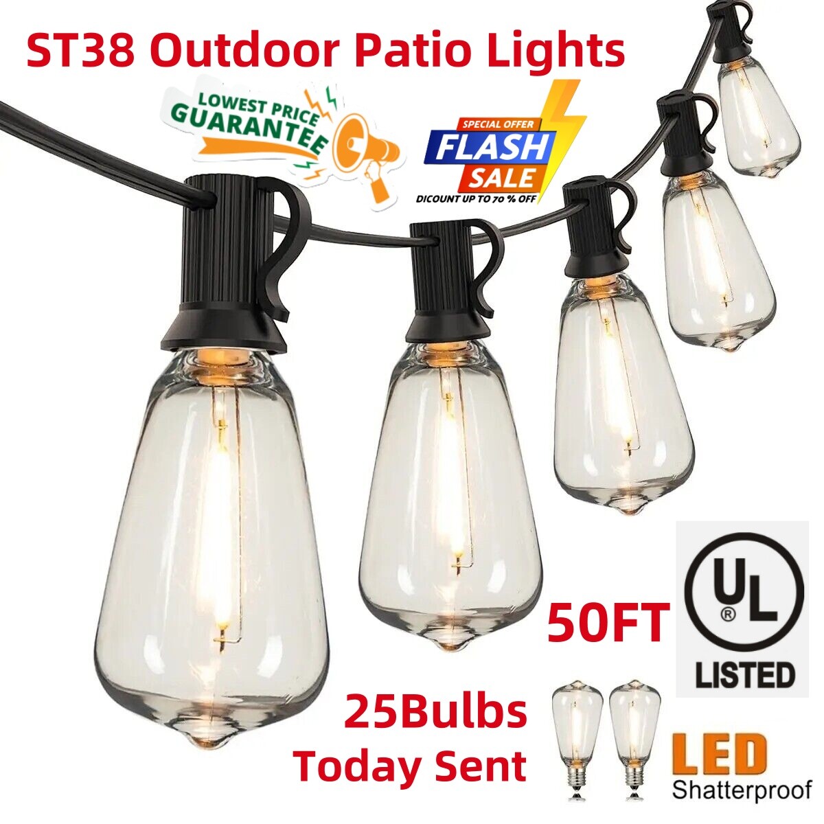 Outdoor String Lights 50 Ft Shatterproof And Waterproof Led Outdoor 2700K Warm