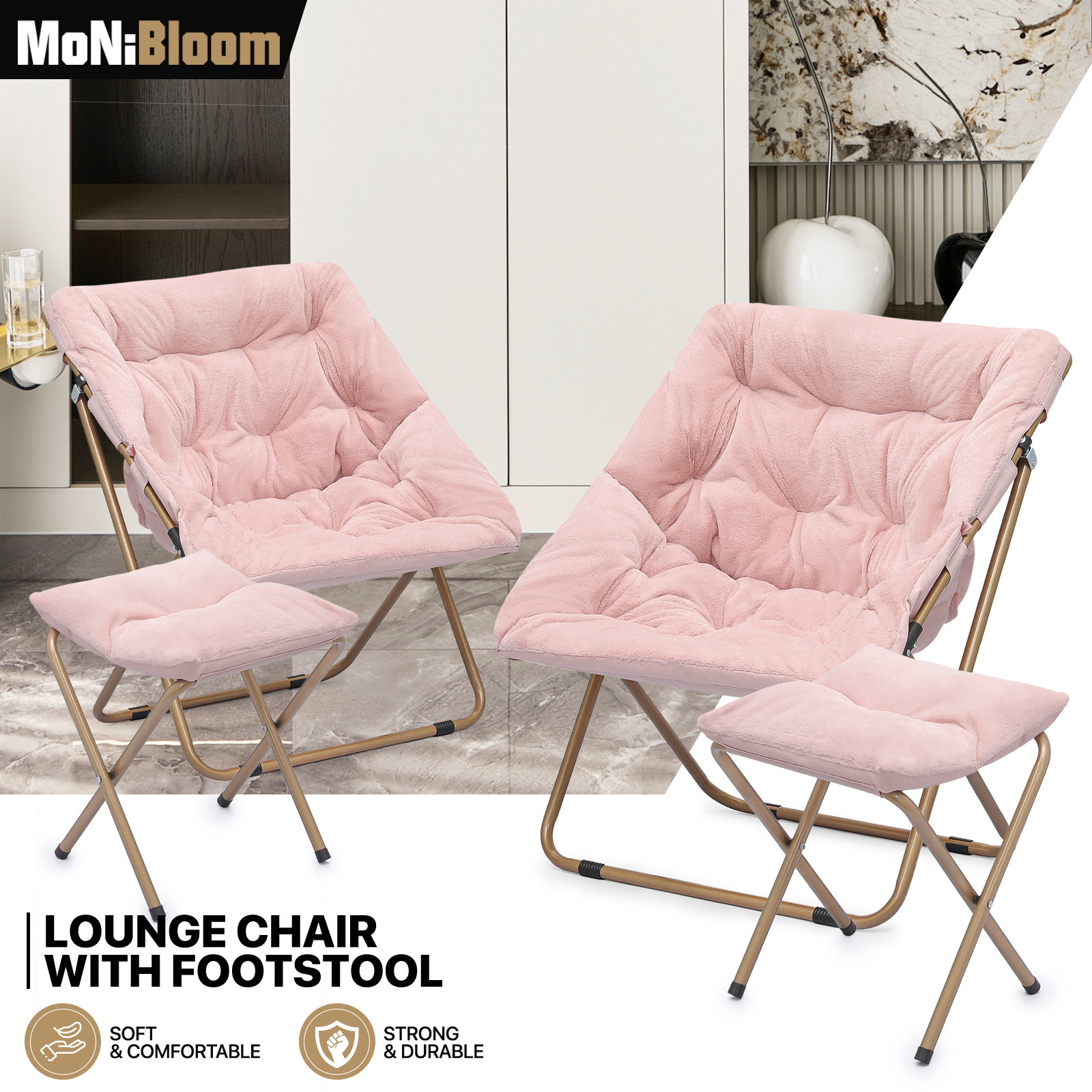Pink 2 Pcs Folding Faux Fur Moon Saucer Chair Metal Frame Lounge Chair w/Ottoman