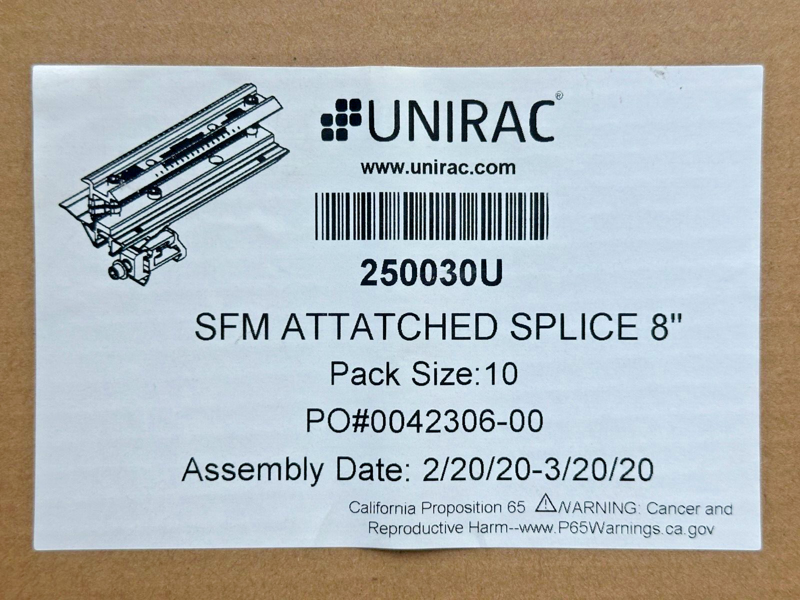 NEW Box of 10 Unirac 250030U SFM Attatched Splice 8" lot of 10