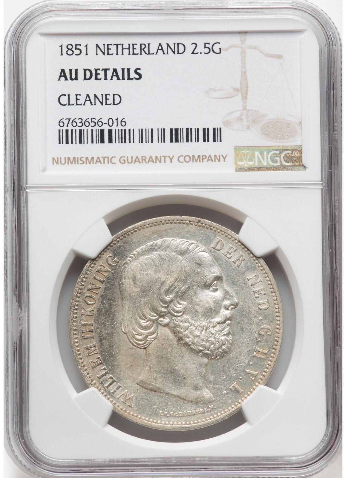1851 Willem III Netherland 2 1/2 Gulden NGC AU Details - LOOKS ORIGINAL