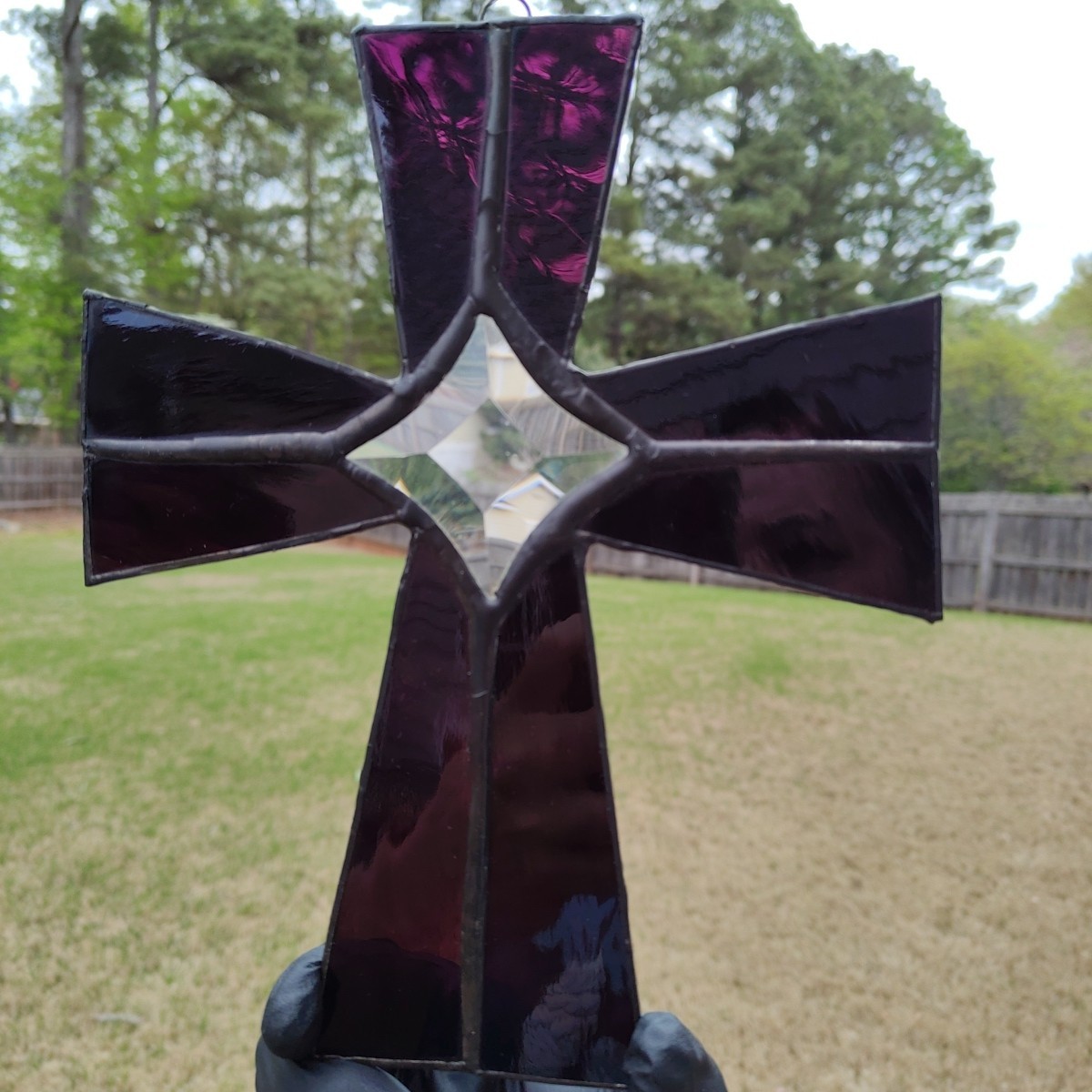 Vintage Stained Glass Cross Suncatcher Purple Slag Glass Beveled Center Hanging
