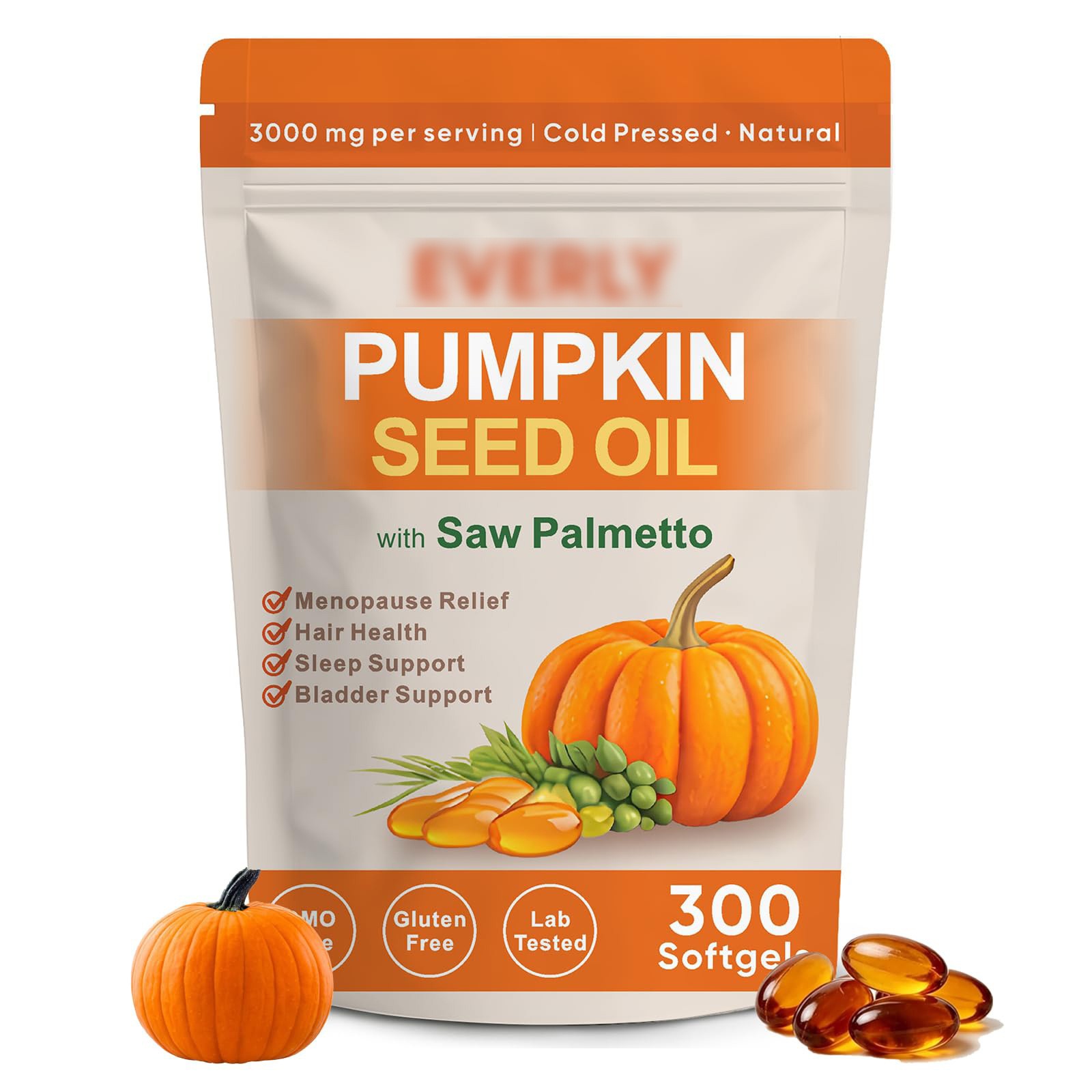 Everly Pumpkin Seed Oil with Saw Palmetto, Cold Pressed Pumpkin Seed oil,300ct