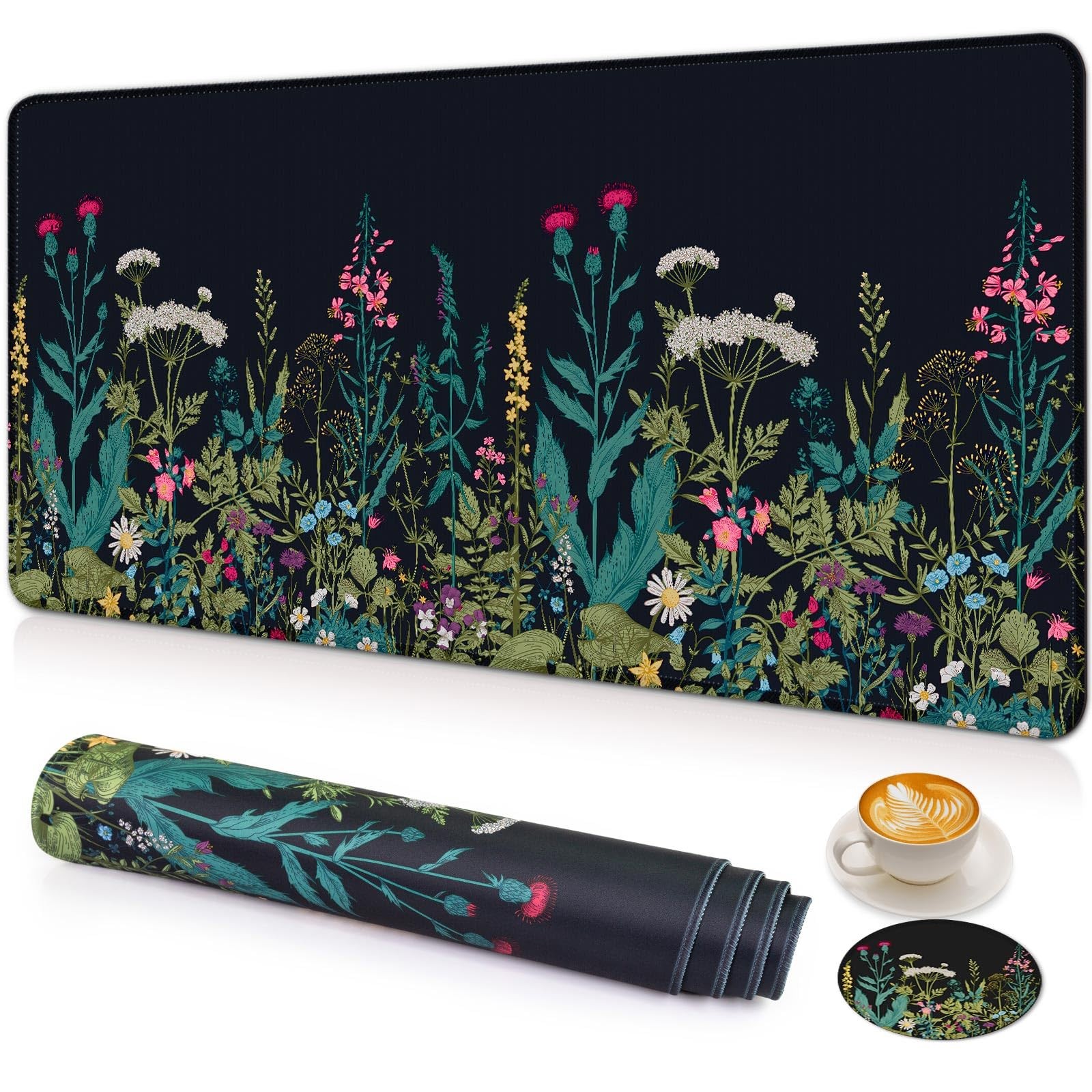 Large Gaming Mouse Pad with Coaster, 31.5 x 15.6 inches, C2-Little Flowers