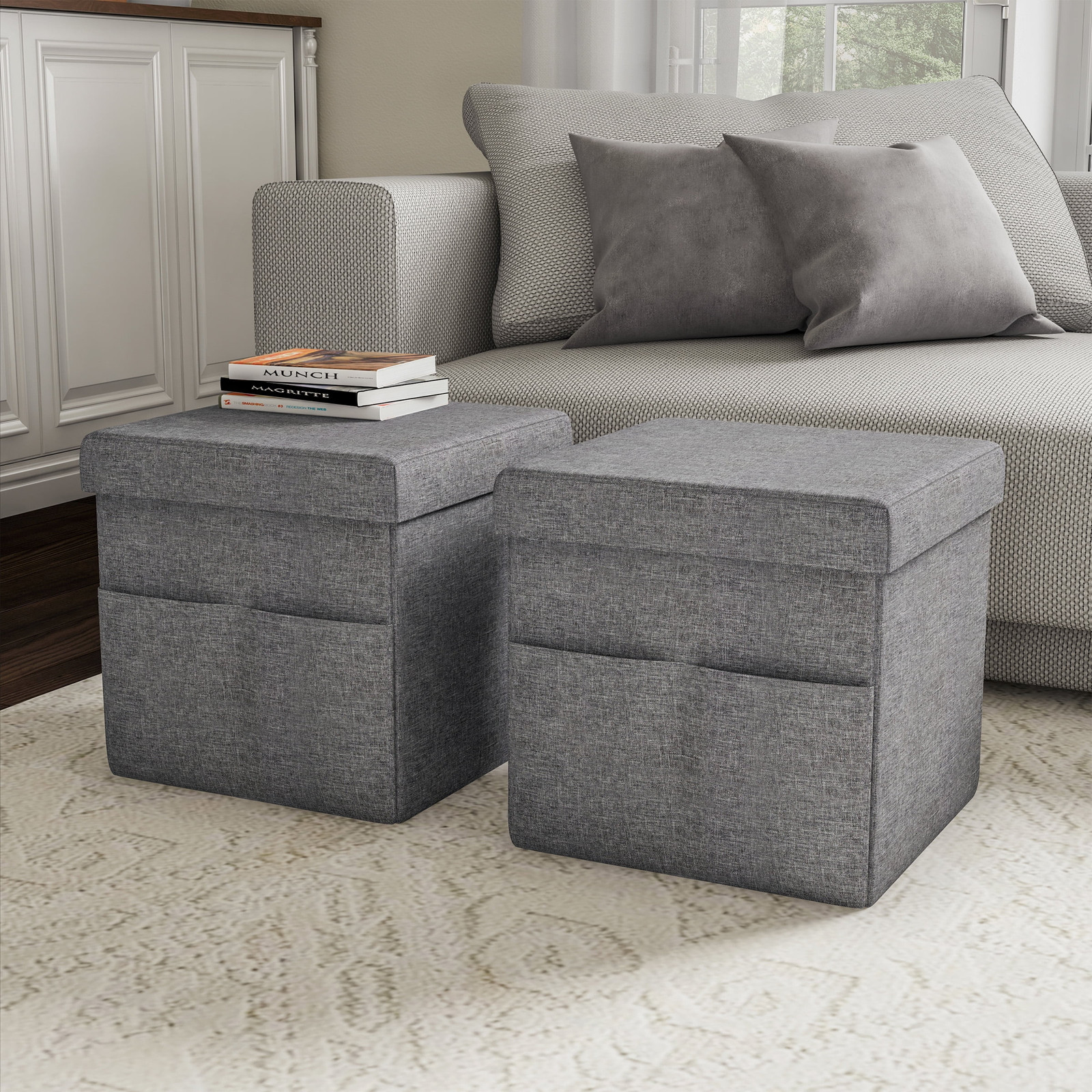 Set of Two 15-Inch Folding Ottomans with Storage Pockets (Dark Gray)