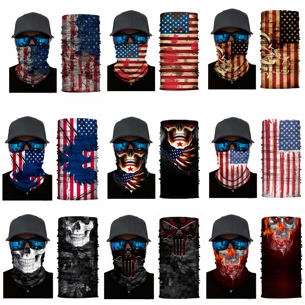 9pcs Skulls Sun Shield Mask Neck Gaiter BlacHeadband Bandana Du Rag Fishing Cap