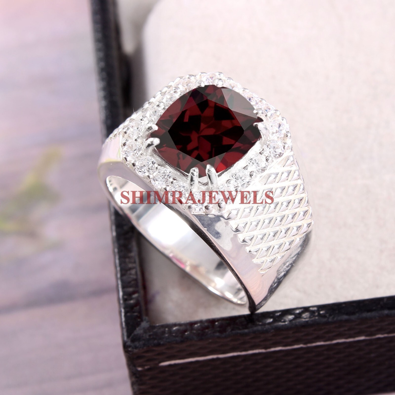 Natural Garnet Gemstone with 18K White Gold Plated Silver Men's Ring #334