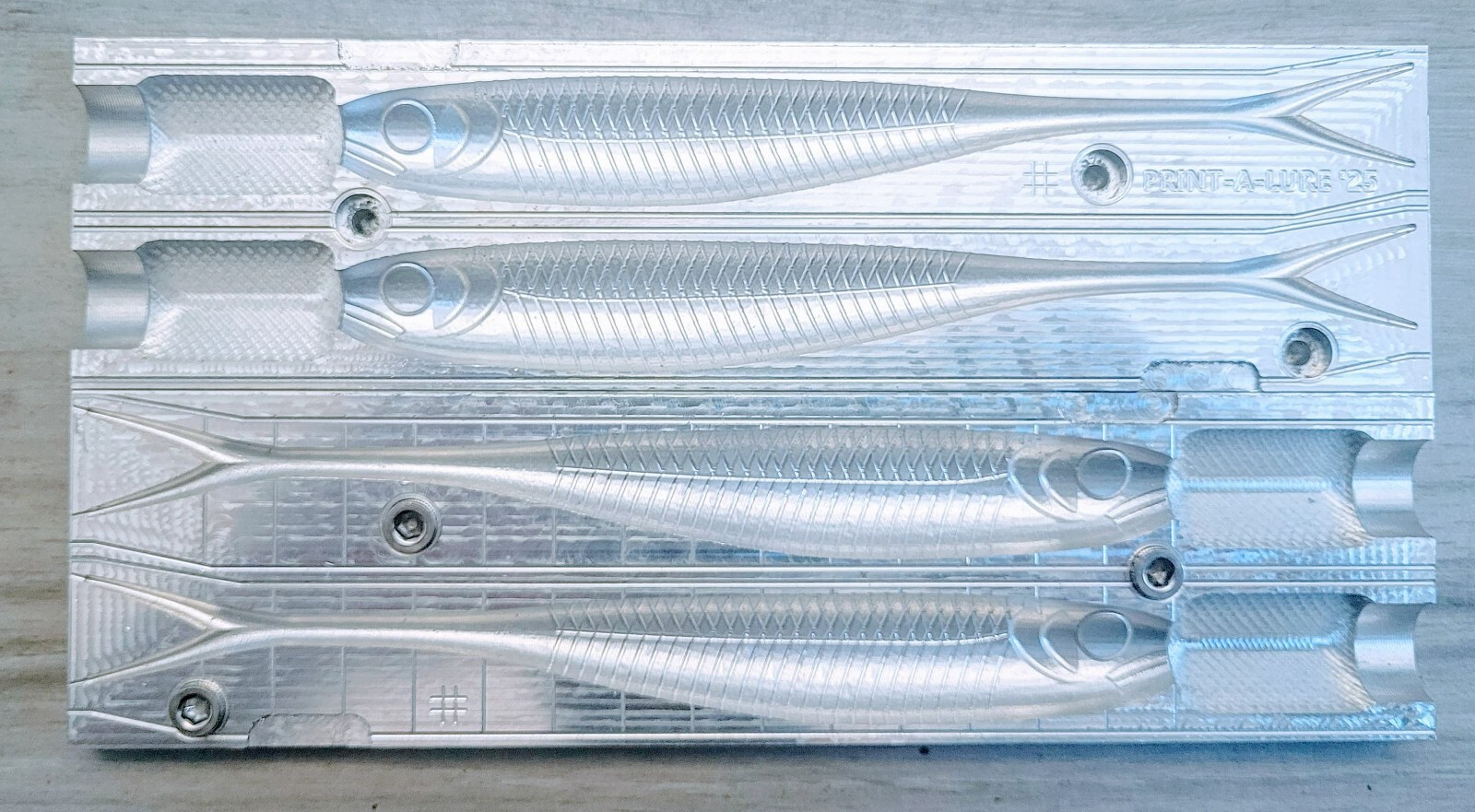 Aluminum fishing soft bait mold - 7" x 2 cavities fork tail minnow mold