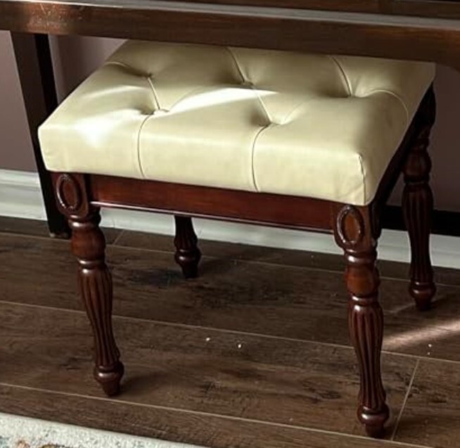 Beige Leather Vanity Stool Carved Wood Footstool Padded Cushioned Piano Bench