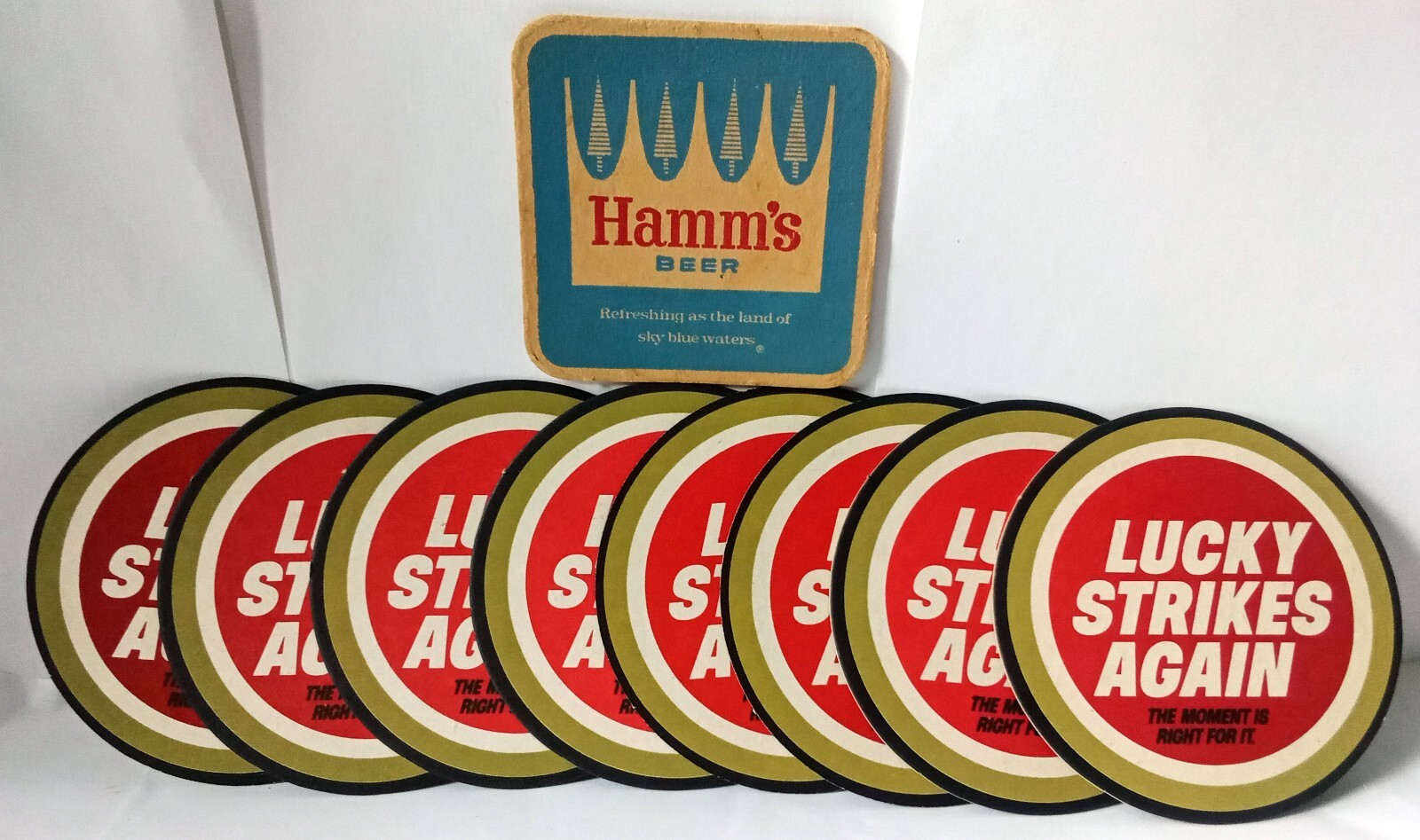 Eight VINTAGE Lucky Strike Cigarette Coasters + One Hamms Beer Coaster FREE SHIP