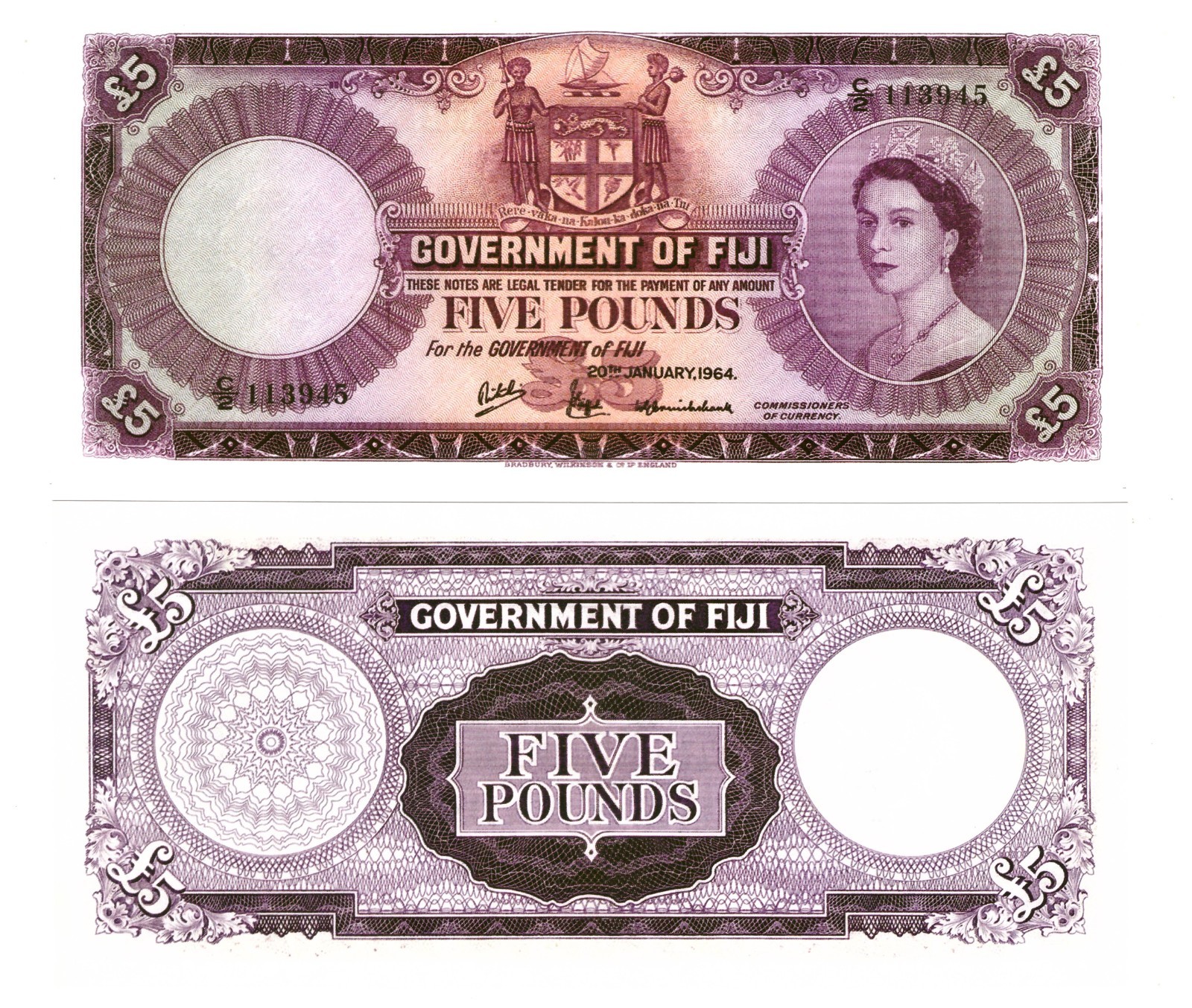 u Reproduction Note Fiji Islands 5 Pounds 1964 Pick #54   5493R