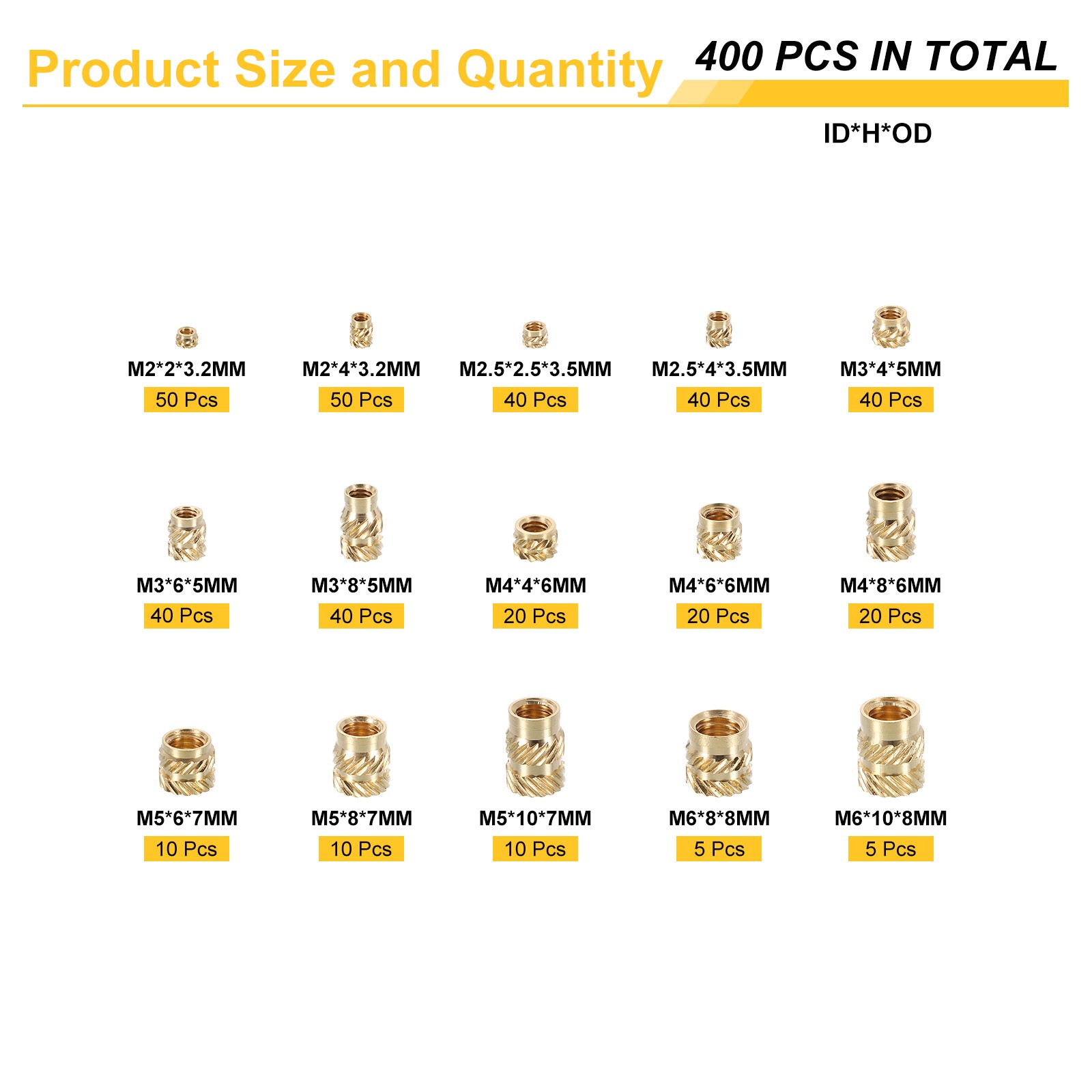 400pcs M2 M2.5 M3 M4 M5 M6 Metric Threaded Insert with Heat Set Insert Tips