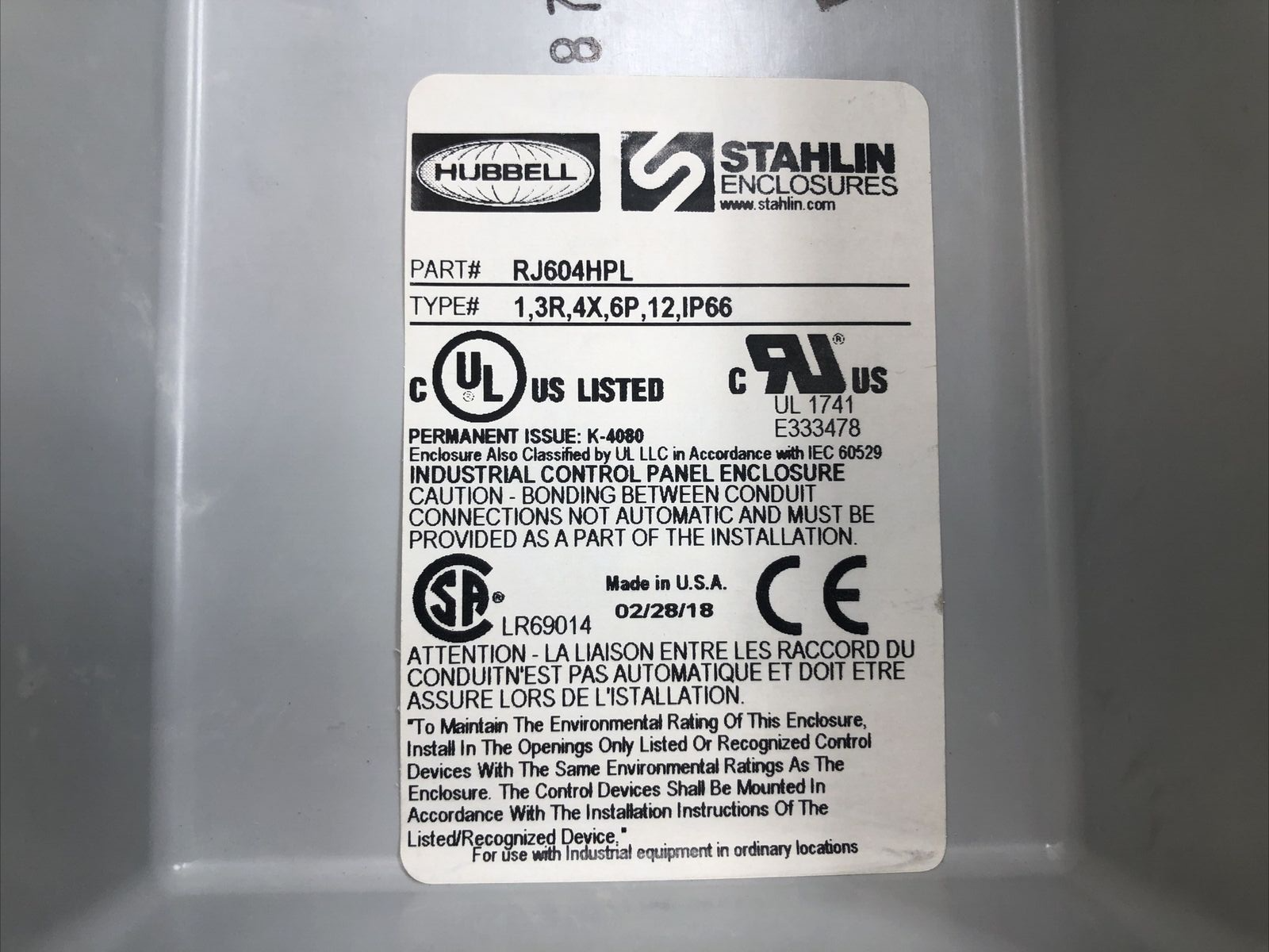 (QTY.2) Hubbell RHJ604HPL Industrial Control Panel Enclosures