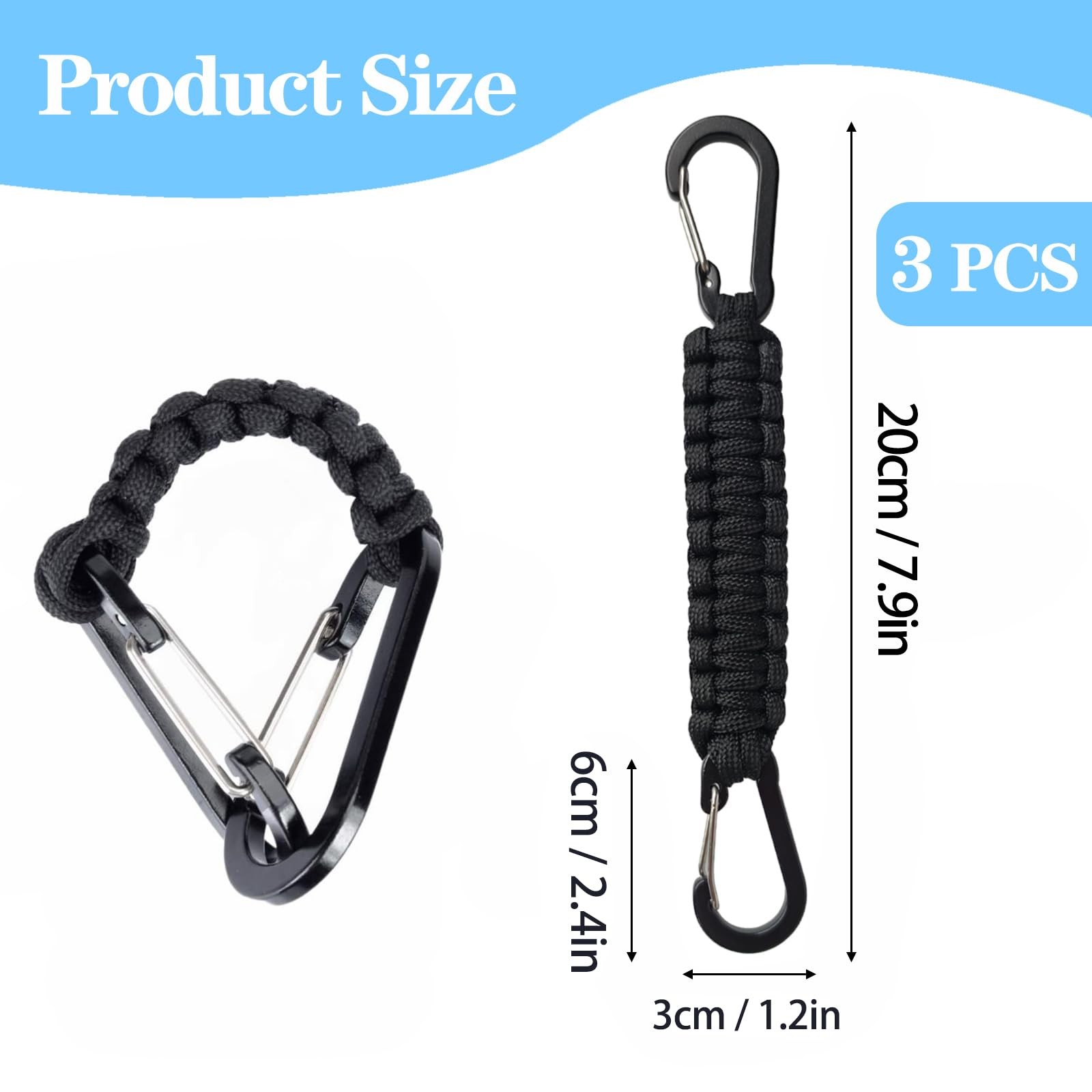 3-Pcs Paracord Keychain Carabiner Clip, D Ring Lanyard 7.9 inches, Black