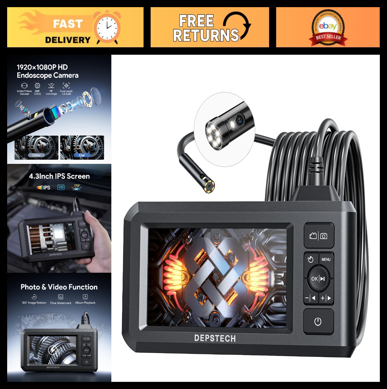 Dual Lens Endoscope Camera 1080P HD, 16.5FT Waterproof Borescope for Automotive,