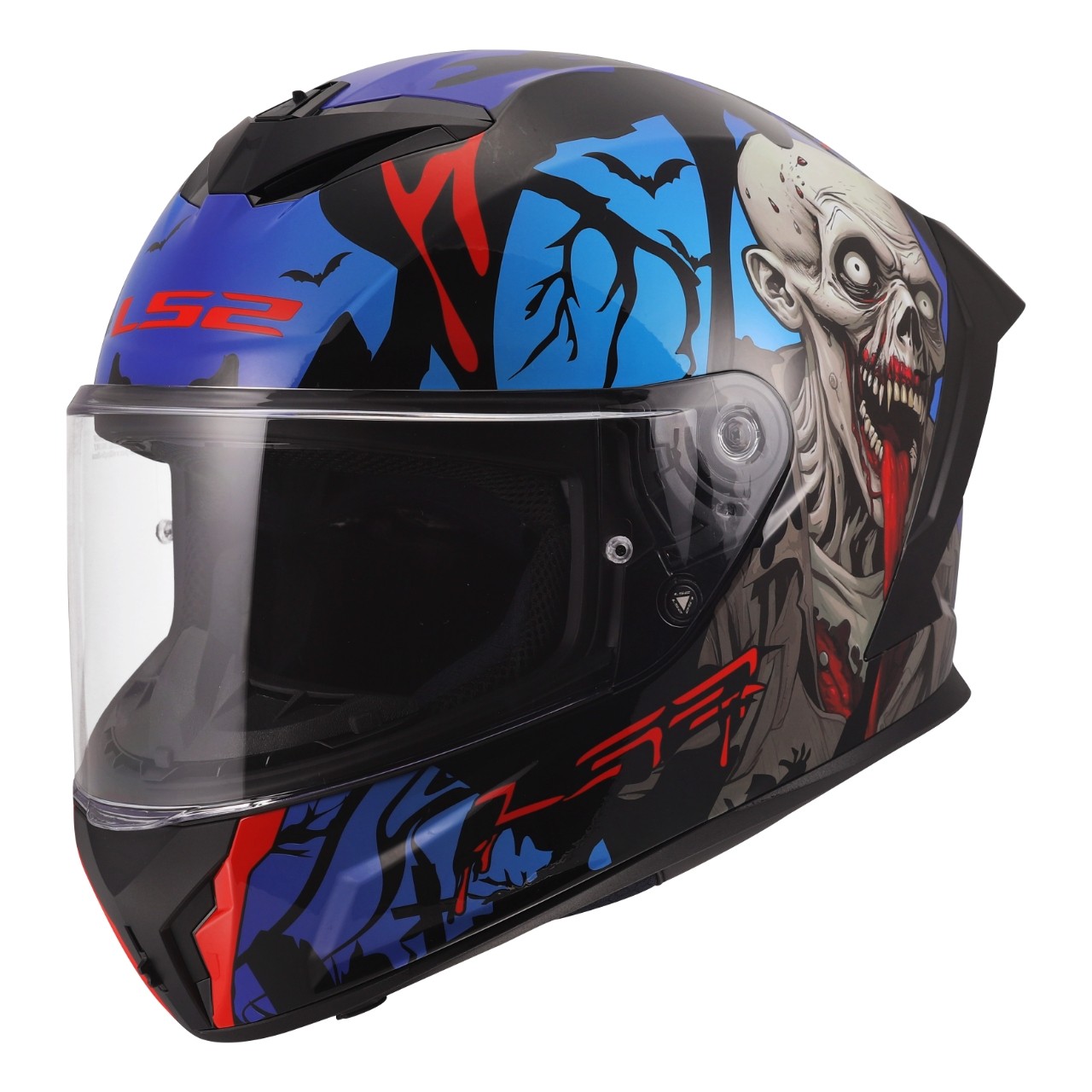LS2 Rapid III Zombie Motorcycle Helmet Gloss Black Blue Red XL