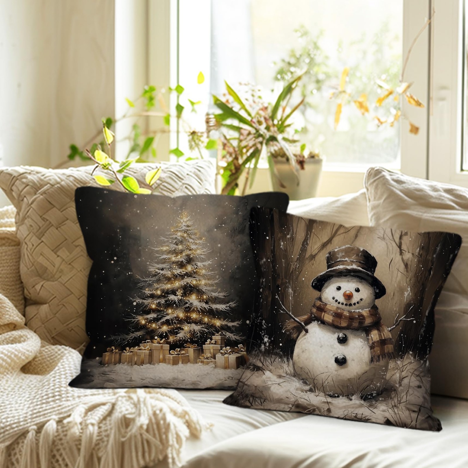 Vintage Christmas Throw Pillow Covers 18x18 Set of 2,Vintage Dark Christmas T...