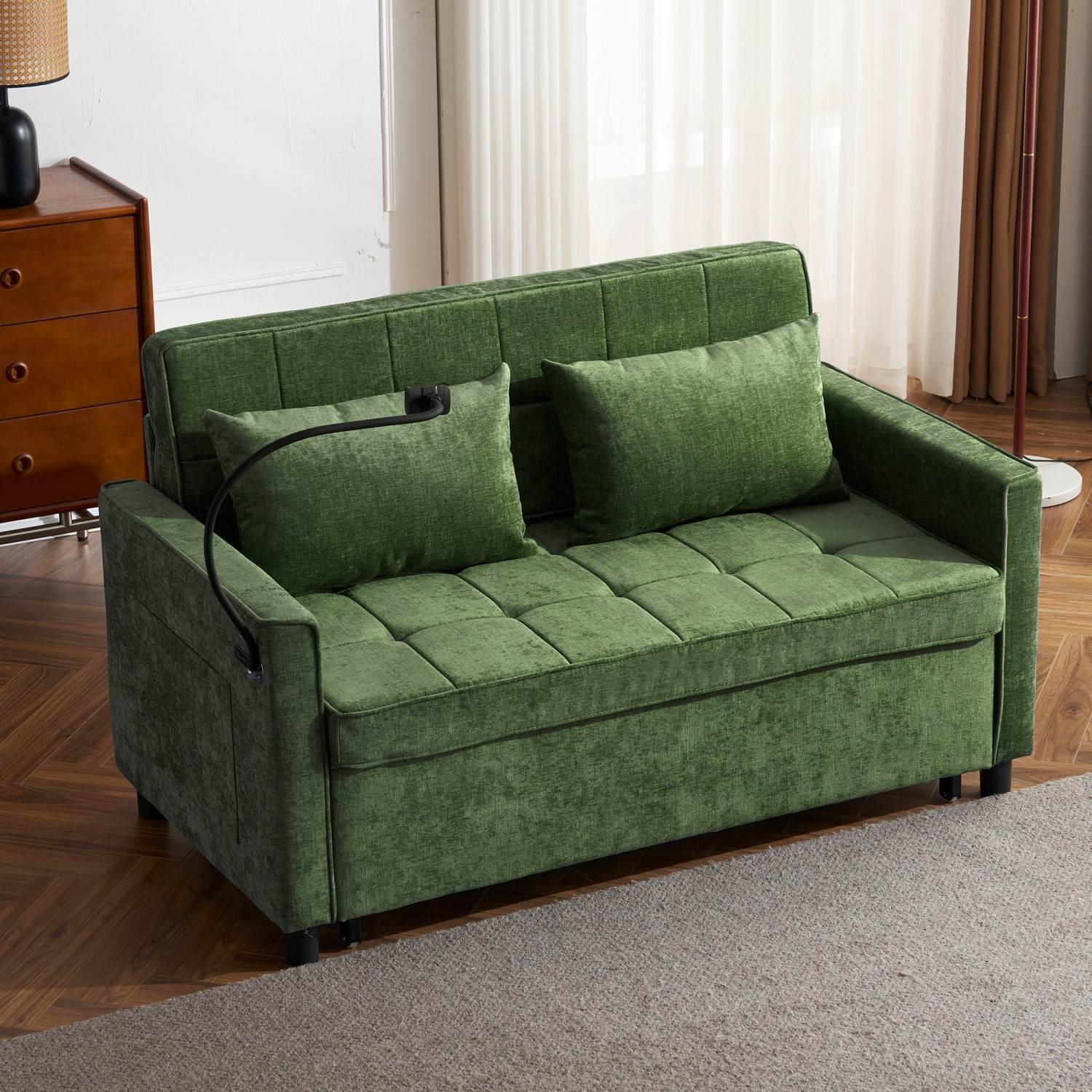 56.9'' Convertible Sleeper Sofa Bed Loveseat Sofa with Pull Out Bed & USB Ports