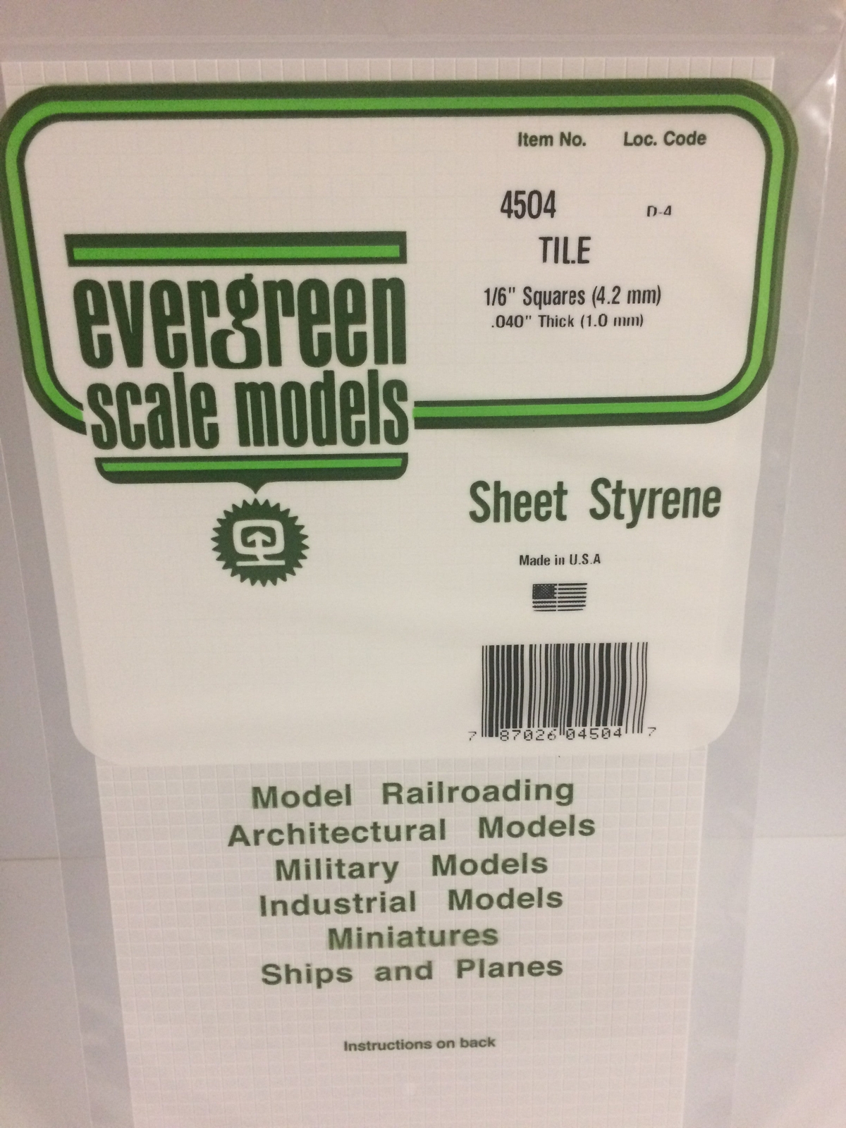 Evergreen Scale Models Styrene Square Tile .040 x 6 x 12in .1 x 15.2 x 30.5 4504