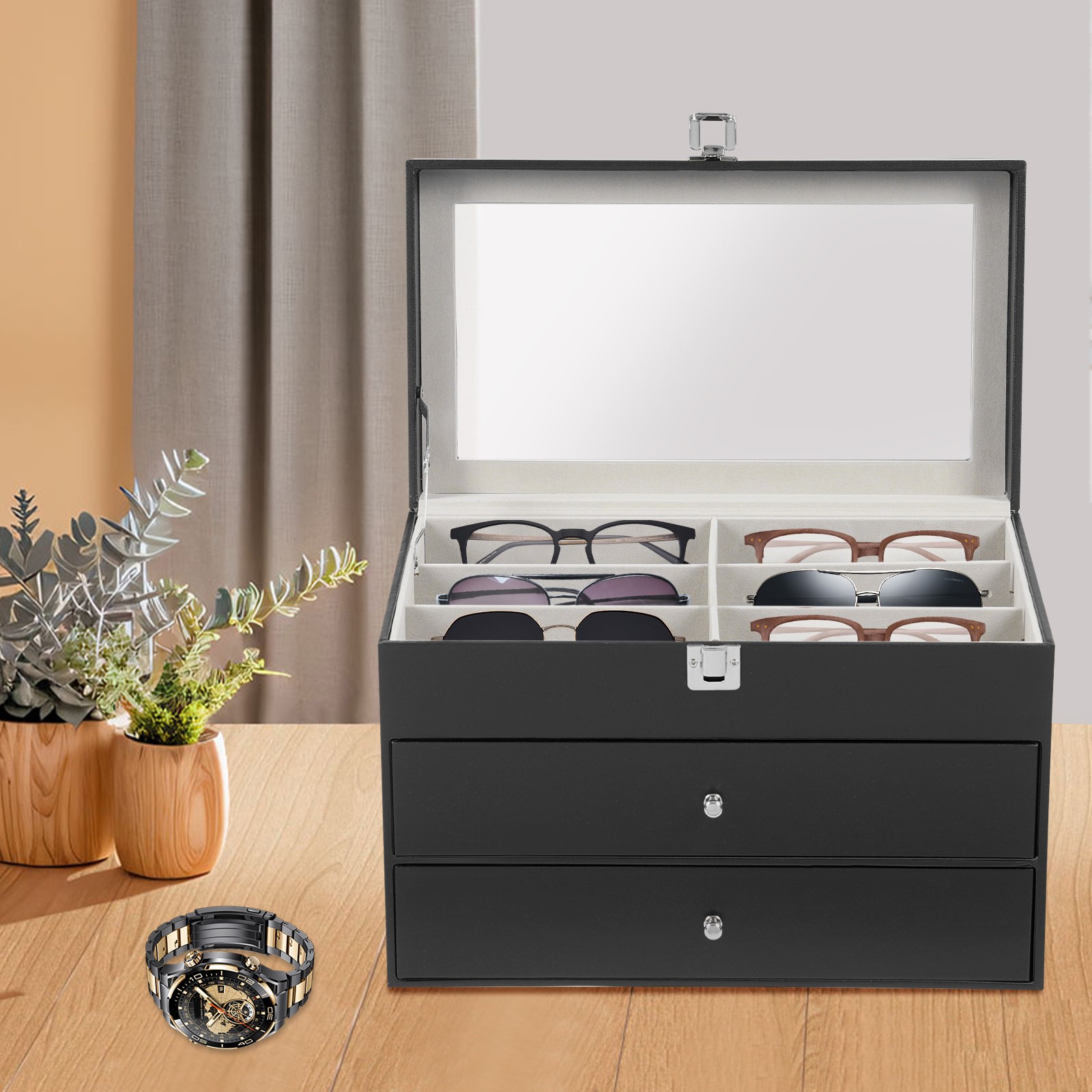 Leather 12 Piece Eyeglasses watches Storage and Sunglass Glasses Display Drawer