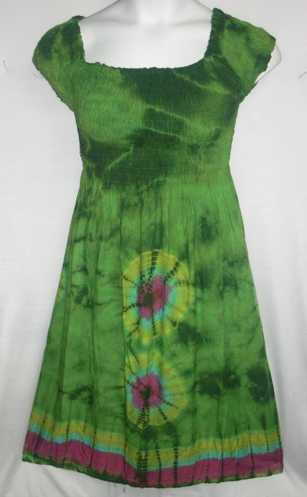 Women clothing Tie Dye Dress 100% Rayon Elastic Bust Sundress Green Free Size