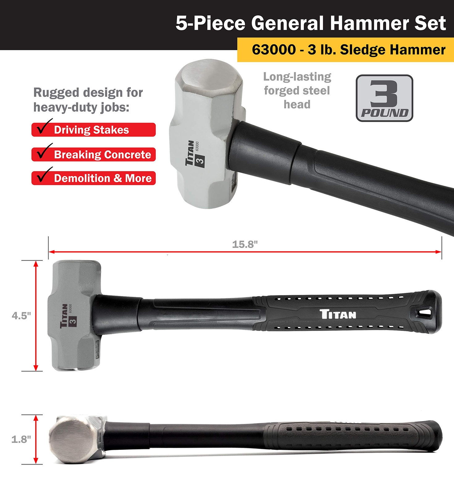 Comprehensive Hammer Set Includes Ball Pein Rubber Mallet and Sledge Hammers