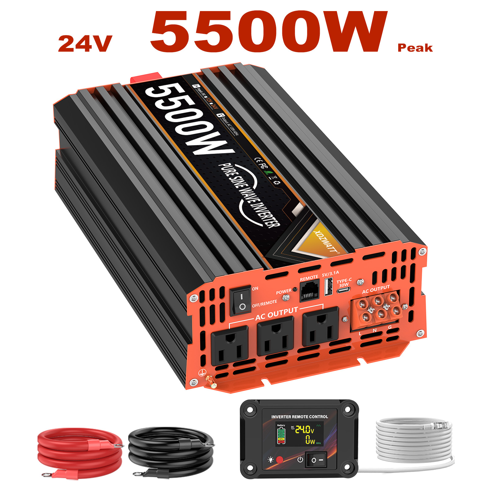 2000W/5500W pure Sine Wave Inverter |24V DC to 110V AC + Dual USB | RV/Camp