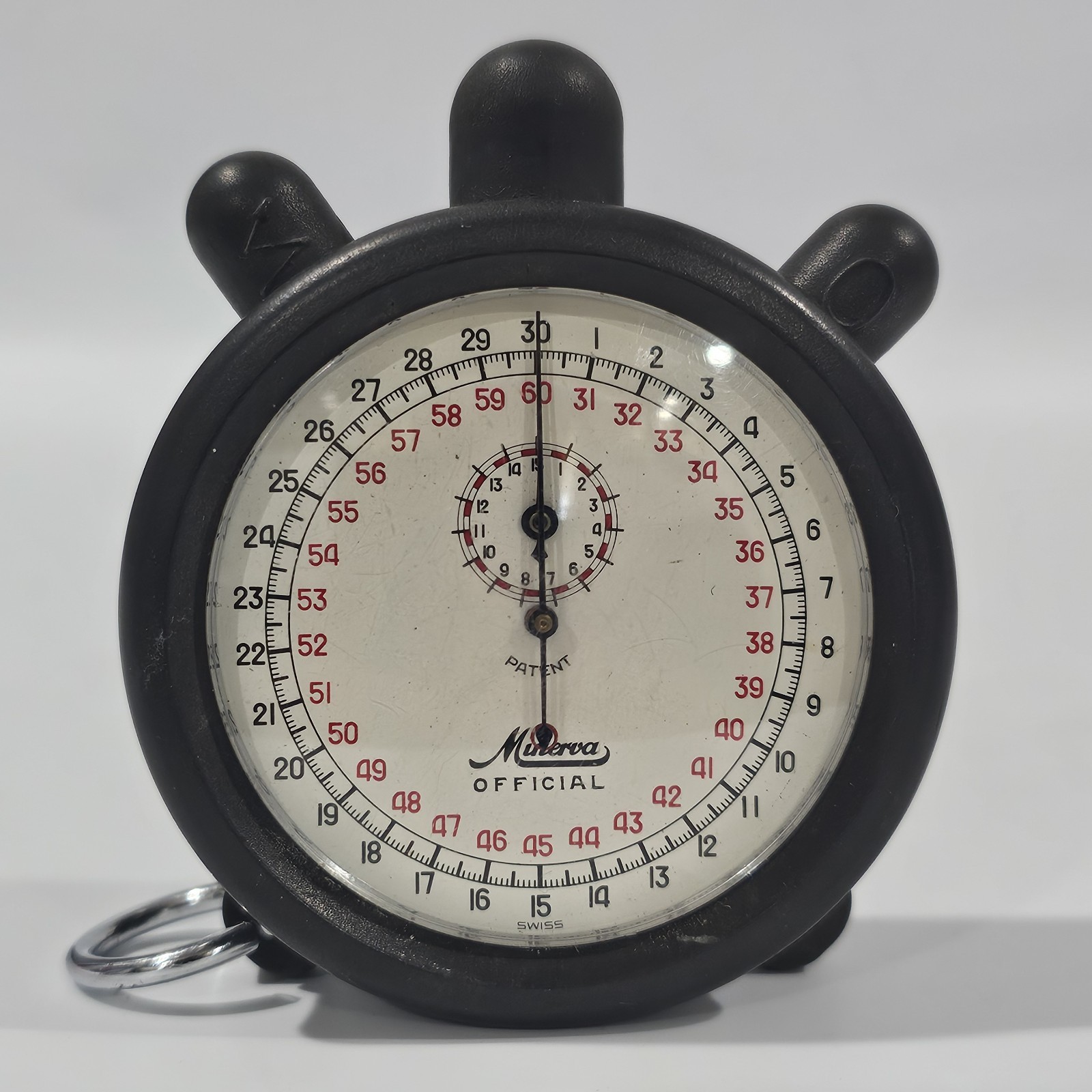 Minerva Switzerland Split Second Stop Watch Manual Wind Rubber Cover Works Good