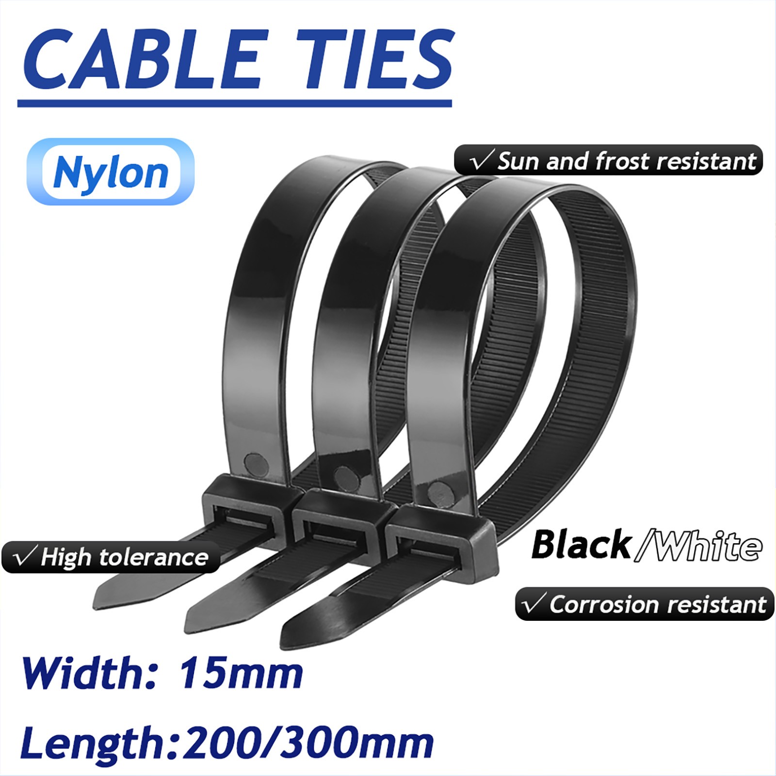 White & Black Extra Large Zip Ties Heavy Duty Cable Outdoor Thick Cable Ties
