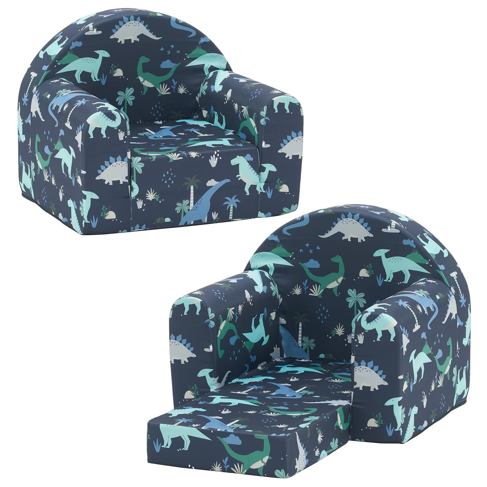 Kids Sofa Couch, 2-in-1 Flip Out Toddler Couch, Baby Lounge Chair (Navy Dinos...