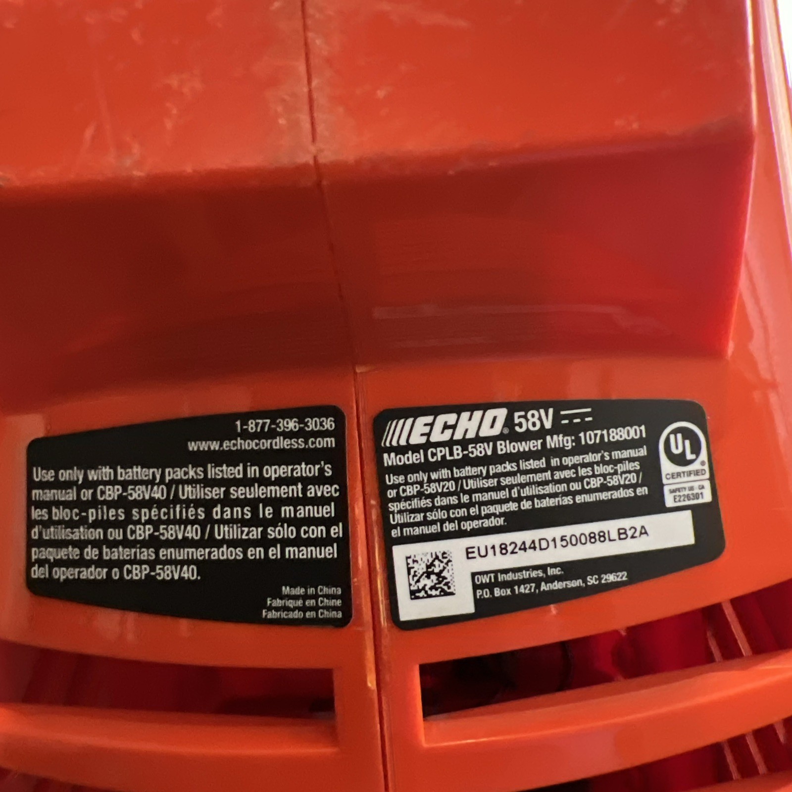 ECHO Leaf Blower, 58V 2AH, with Battery and Charger