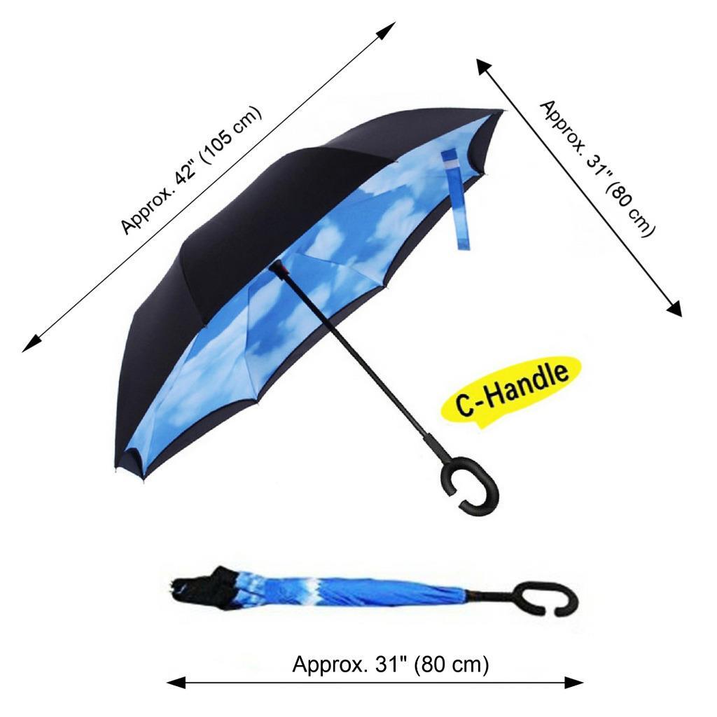 BLUE SKY C HANDLE UMBRELLA Reverse Inside Out Folding Double Layer Nylon Rain UV