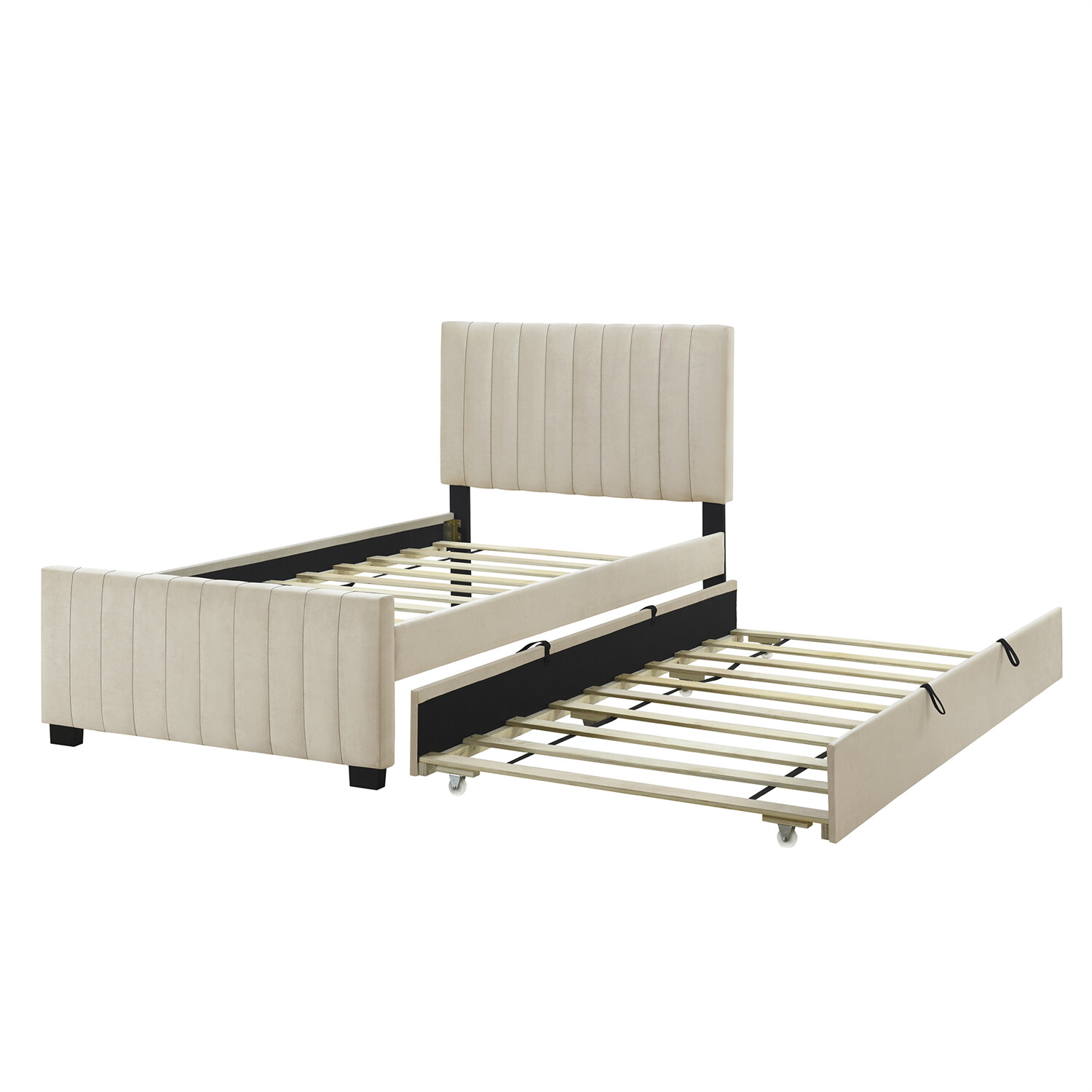 Twin Size Bed Frame Upholstered Platform Bed w/ Pull Out Trundle Beige/Pink US