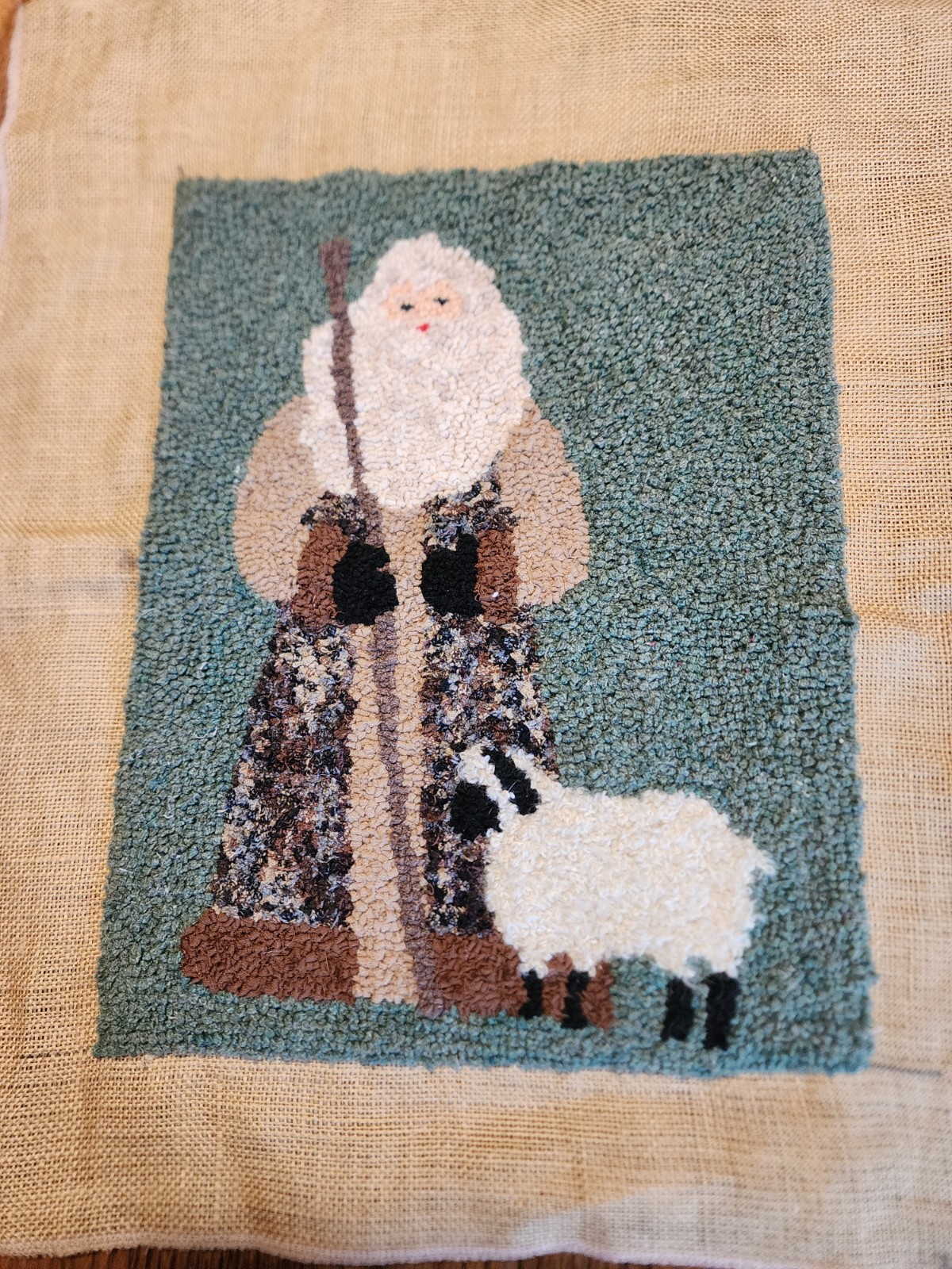 Wool Punch Father Santa Handmade Christmas Old World Santa Pillow Front