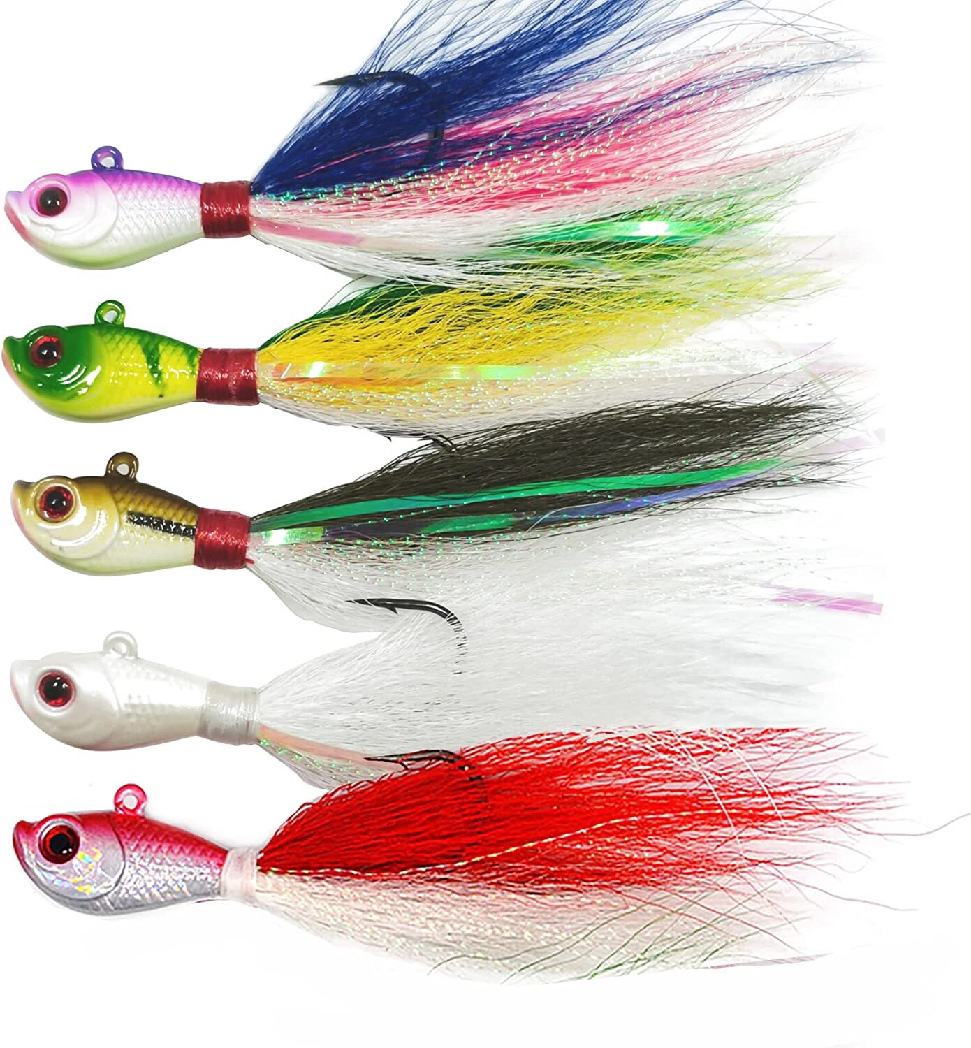 5pcs Glow Bucktail Jigs Bait Bass Flounder Fluke Striper Fishing Lure