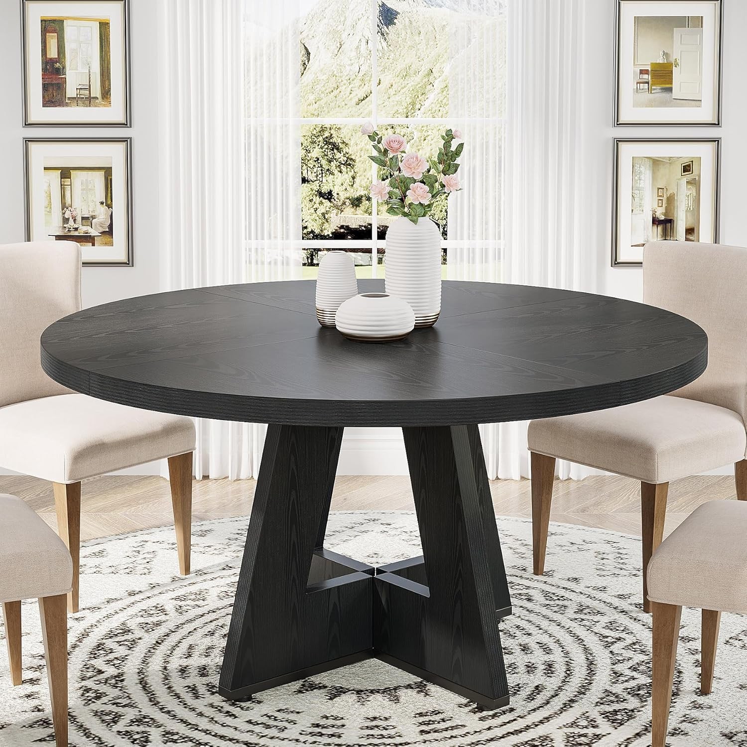 47 inch Round Dining Table Farmhouse Wood Kitchen Table for Dining Room - Black