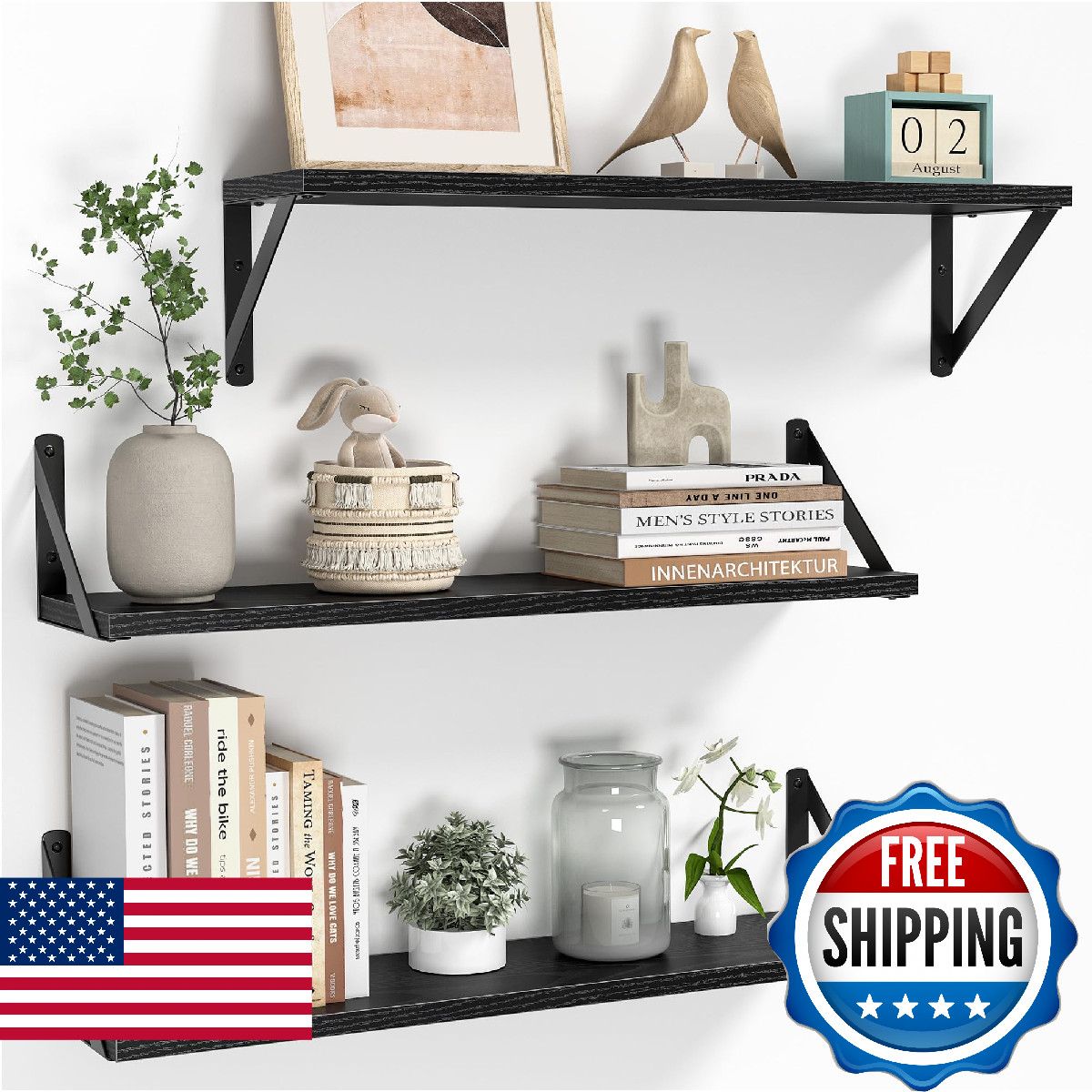 Heimlove Floating Shelves for Wall, 24 Inch Long Wood Floating Shelves Set of 3,