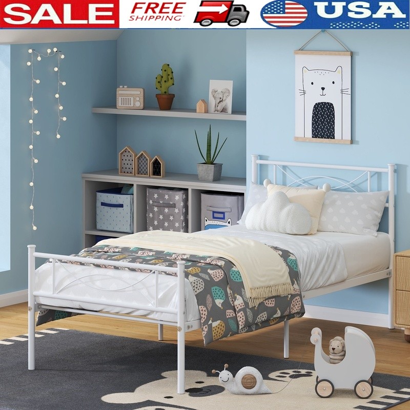 Metal Twin Bed Frame Headboard Footboard Storage Easy Assembly Durable Steel New