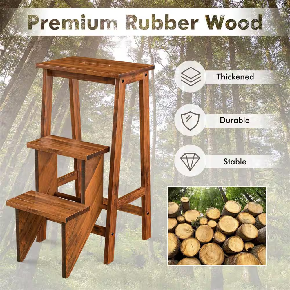 Coffee 3-Tier Folding Step Stool 3-In-1-Rubber Wood Ladder Storage Shelf