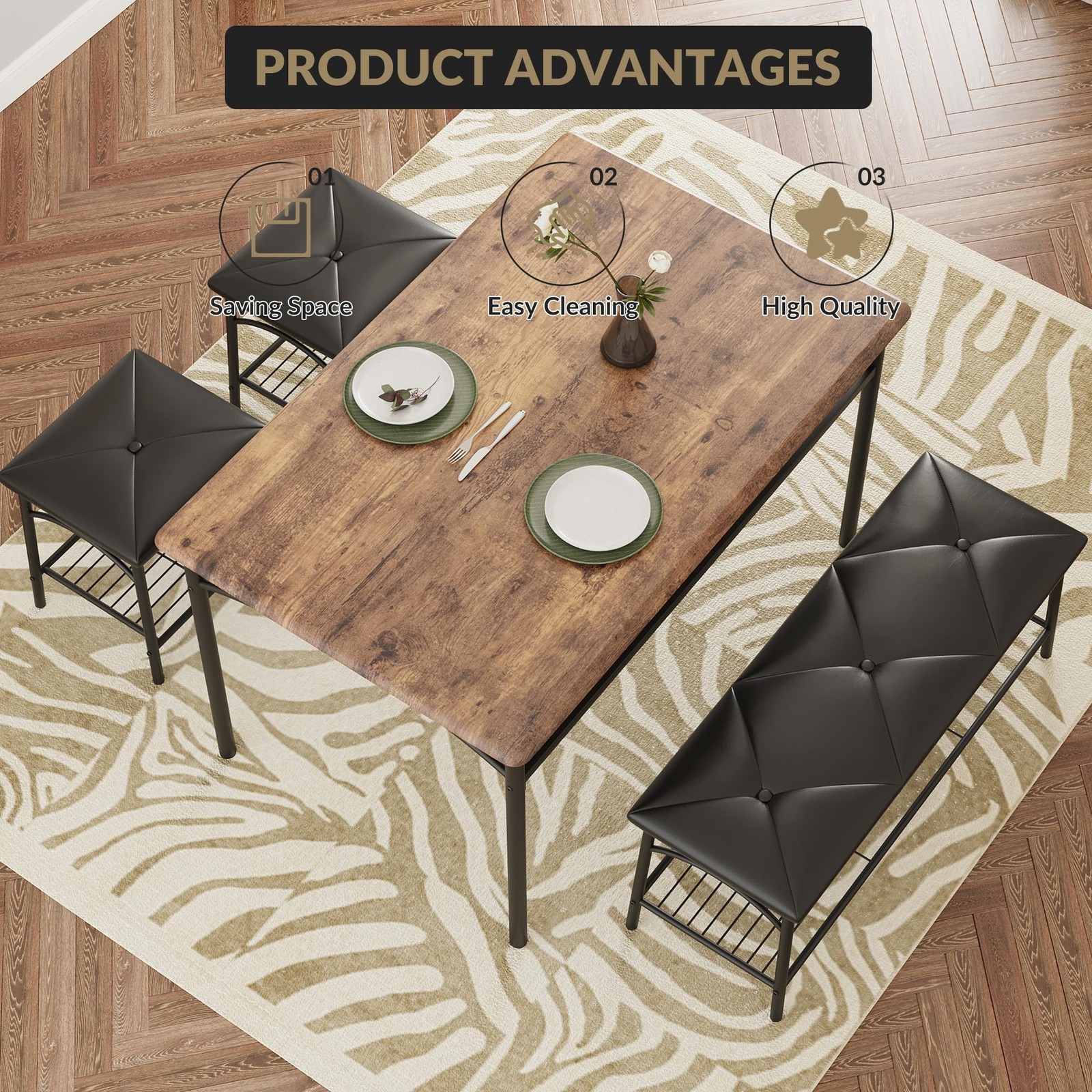 4PCS Dining Set w/ Storage Shelf, Kitchen Table w/ Upholstered Bench & 2 Stools