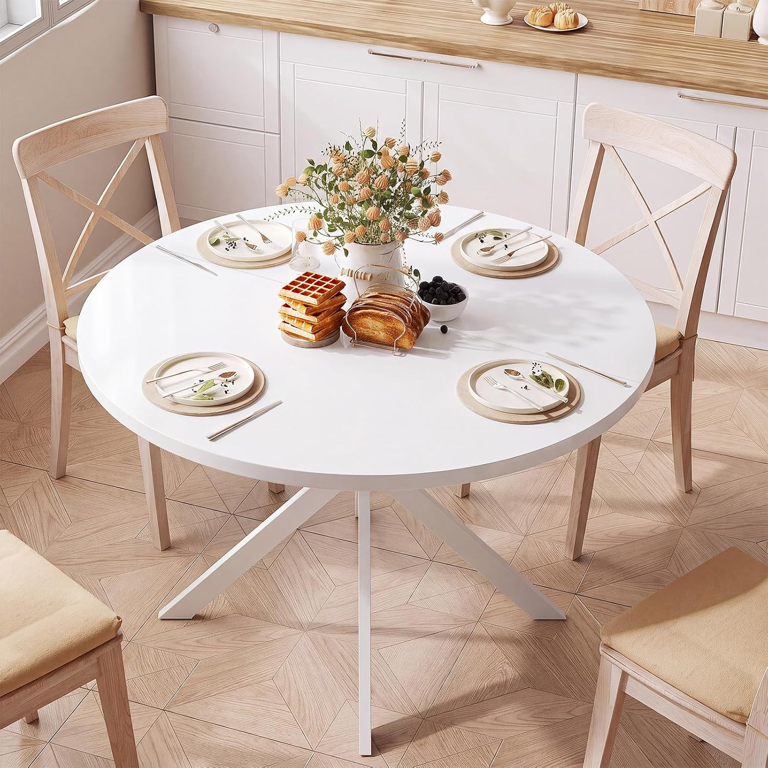 47.2 Inch round Dining Table for 4 | Farmhouse Wood Kitchen Table, Circle Dinner