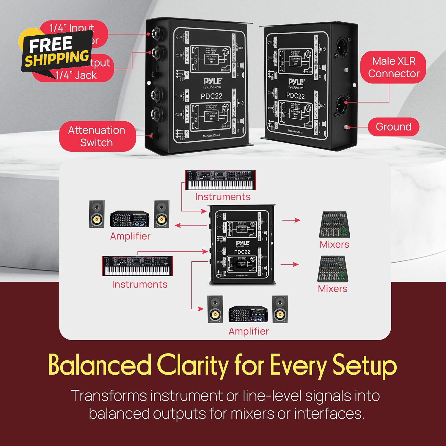 -PRO Premium Direct Injection Audio Box - Passive DI Unit Hum W/ Input