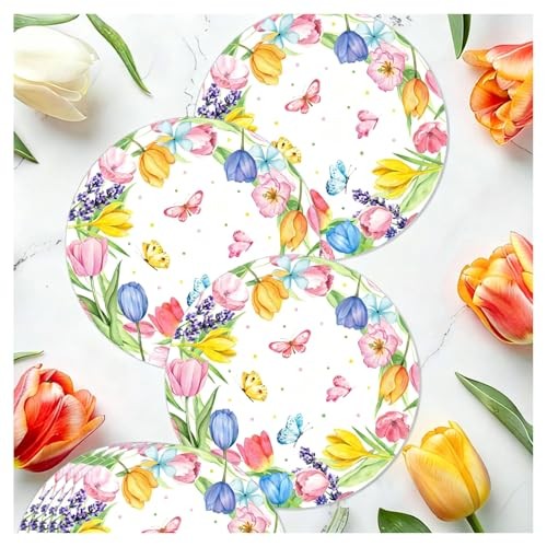 10Pcs Spring Tulip Placemats- Floral Butterfly Round Table Mats,Disposable
