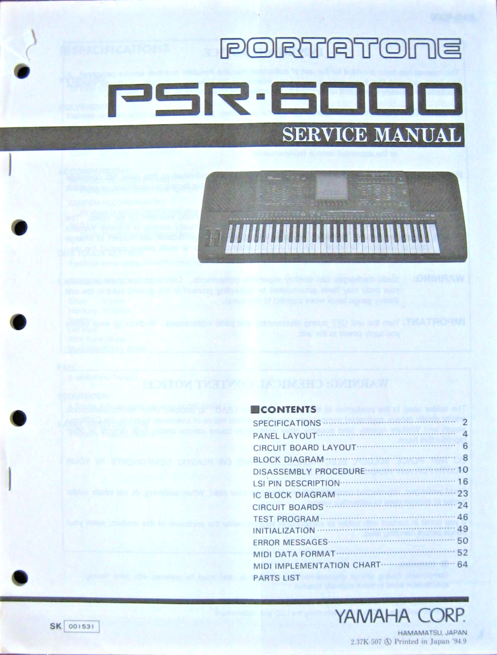 Yamaha Original Service Manual Book PSR-6000 Portatone Midi Keyboard Workstation
