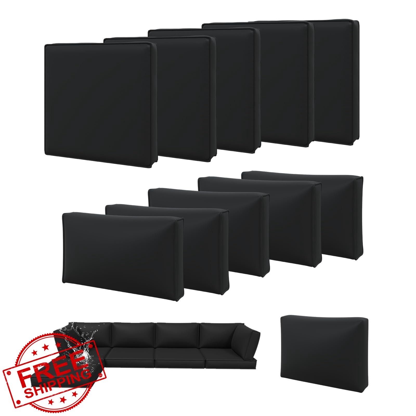 Aoxun Black 11pc Patio Cushion Covers, Waterproof, Zipper, Set of 11