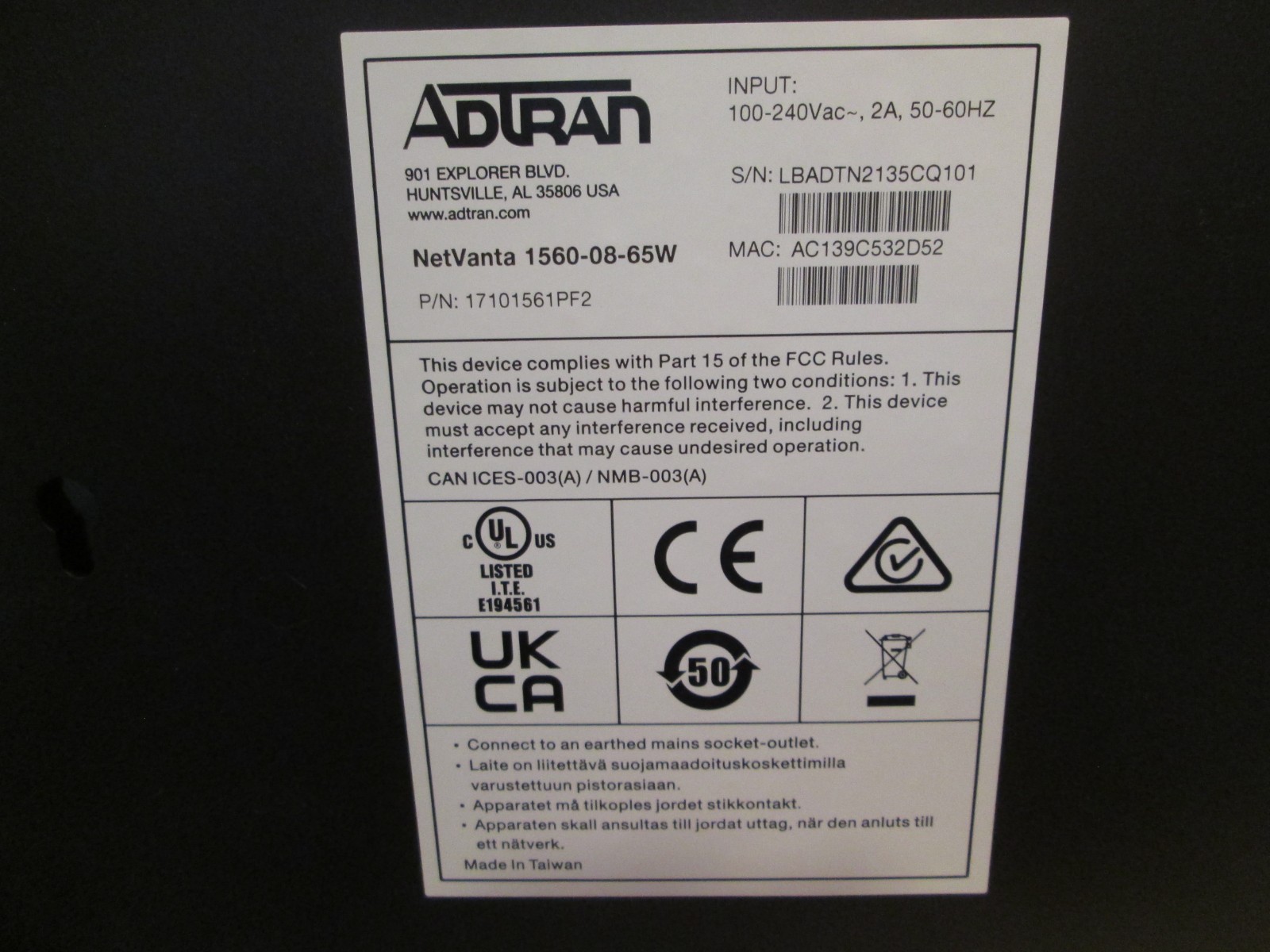 Adtran 17101561pf2 Netvanta 1560-08-65W Switch