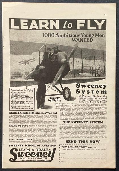 Sweeny School of Aviation 1926 print AD “1000 Ambitious Young Men Wanted”