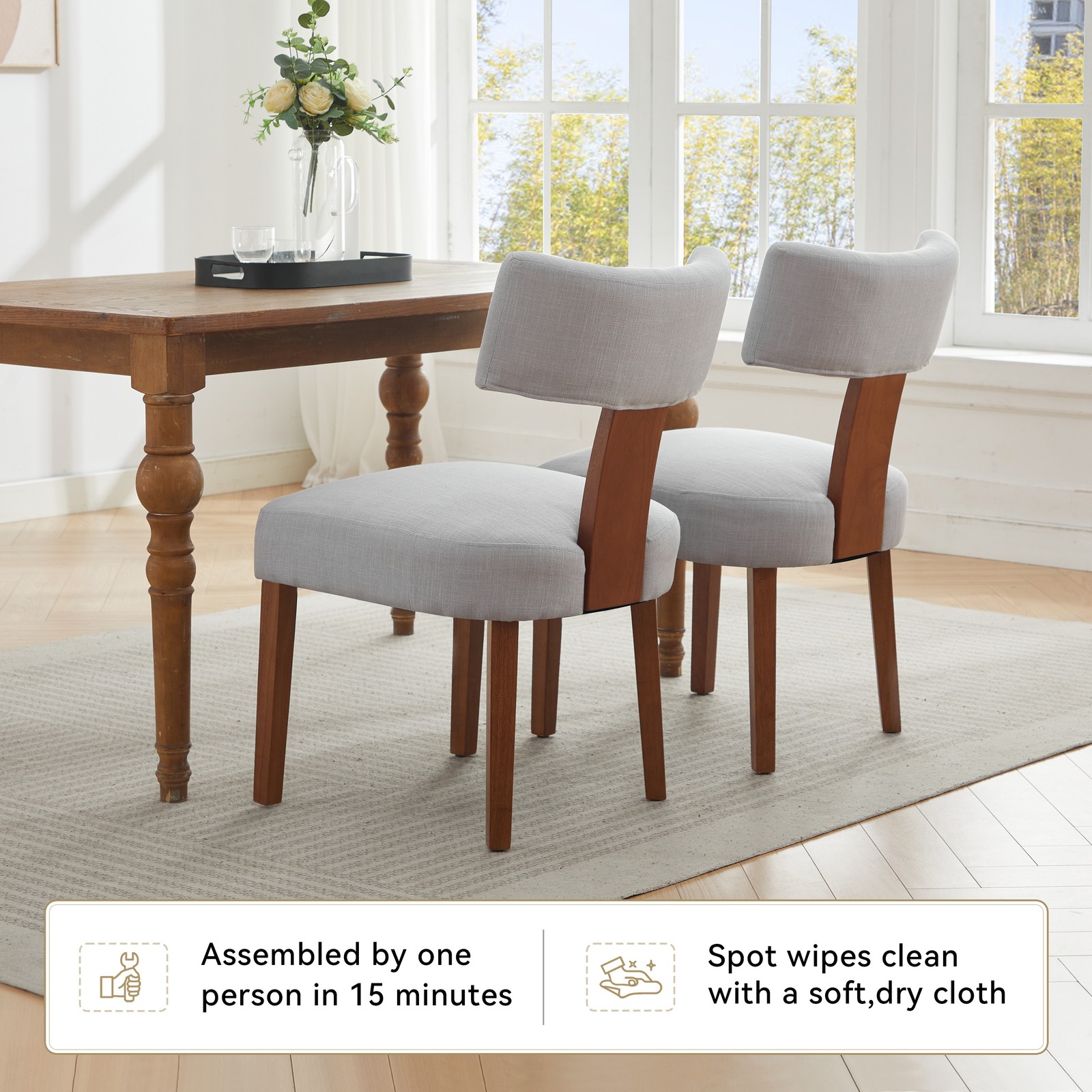 064-Set of 2 Linen Fabric Modern Armless Dining Chairs With Curved backrest an