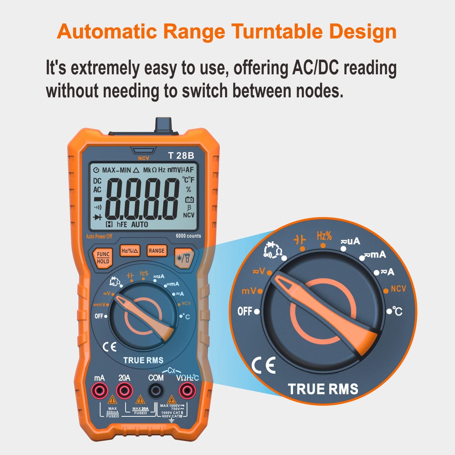 True RMS Digital Multimeter Tester Auto-Ranging AC DC 20A Voltmeter 1000V